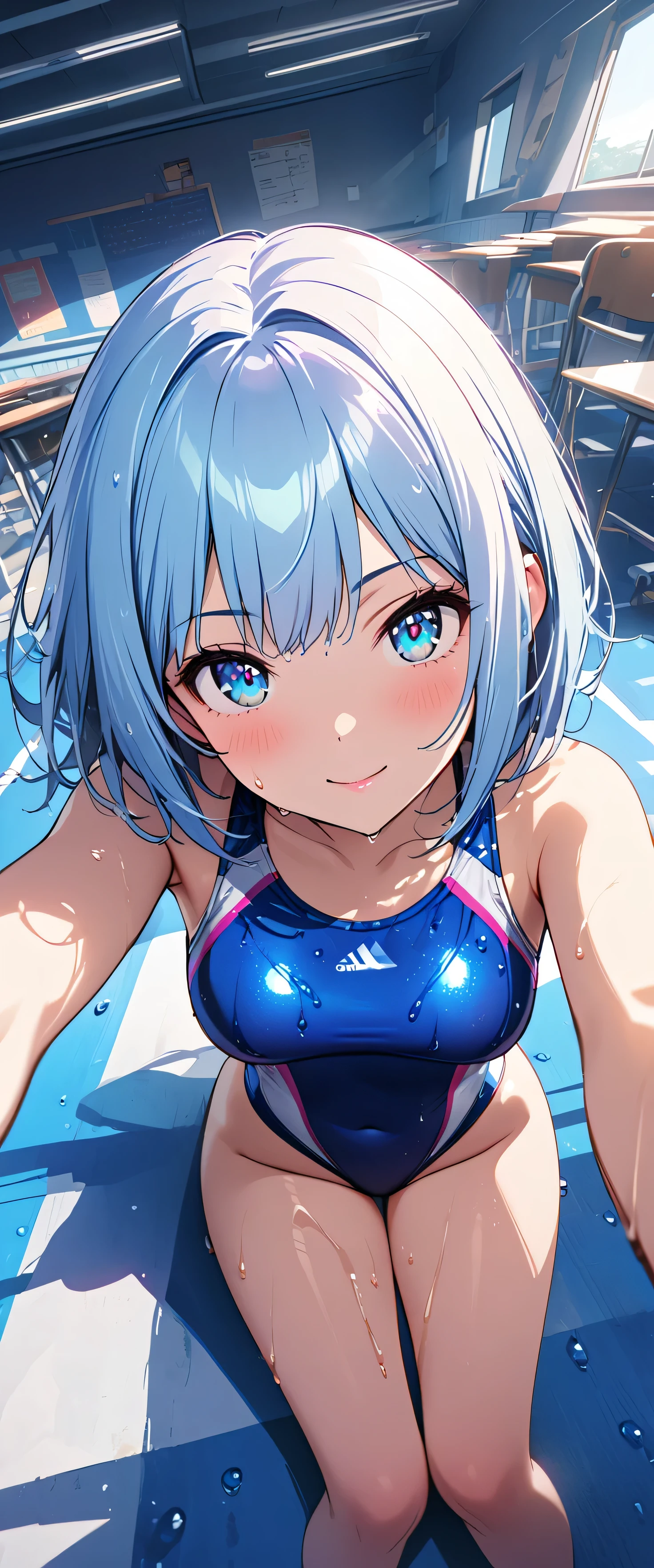 (beautiful girl: 1.3),1girl,masterpiece, Highest quality, Ultra-high resolution,rich contrast,super high quality,8k,Highly detailed CG unit wallpaper,texture,Incredibly absurd,Ultra-high resolution,RAW Photos,Depth of Field 1.2,(Short Hair,Bob Cut,Light blue hair),Ultra-detailed eyes,Glowing Skin,(((wet))),Glitter effect,Beautiful glossy lips,(High Leg Cut Racing Swimwear:1.5),Short sleeve,classroom,A light smile,(feet up,lying,on stomach),(overhead shot:1.5)