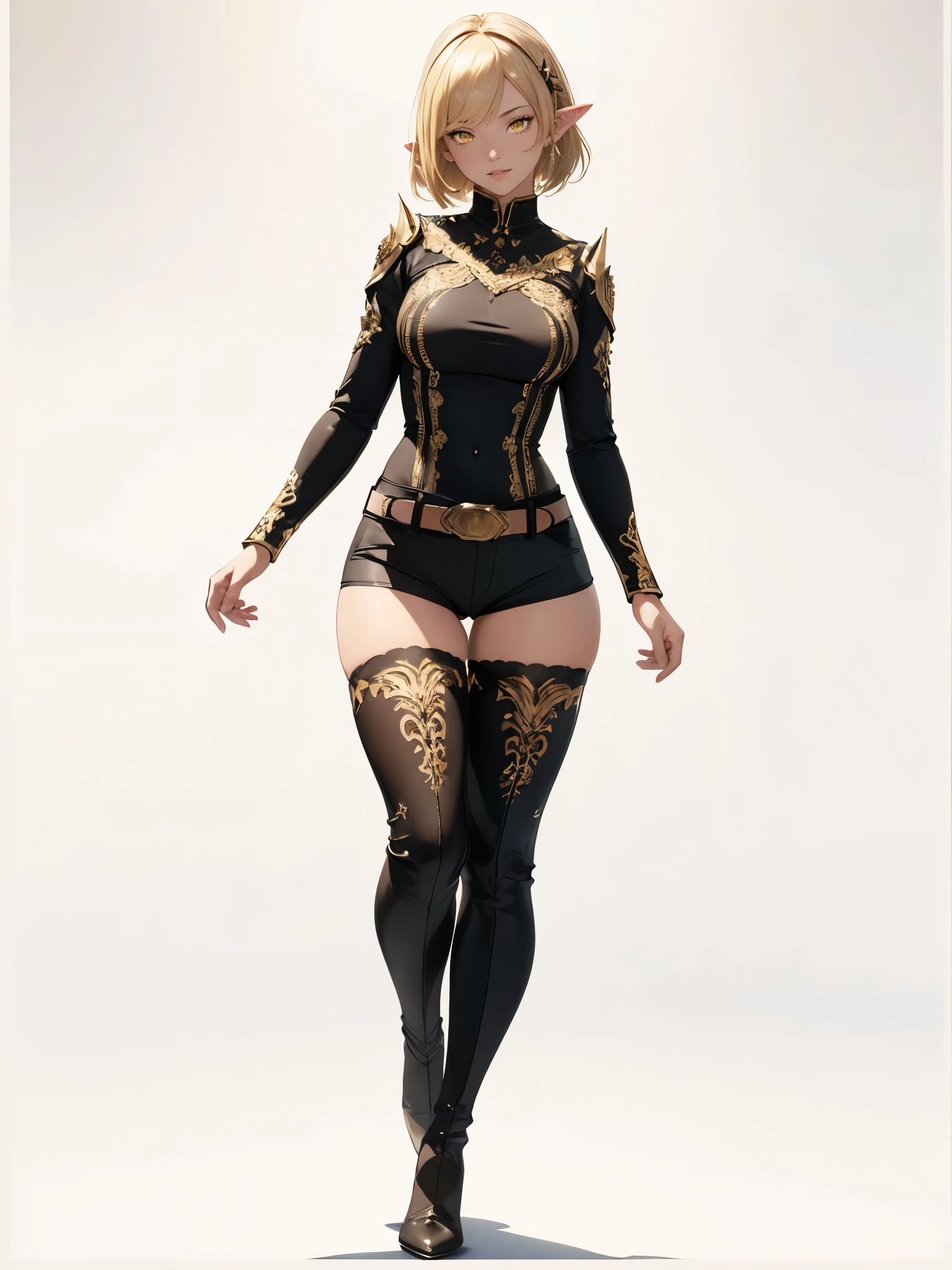 ((1girl, solo)), (full body:1.5), dark elf, dark-skinned female, (((pointy ears))), beautiful body, (perfect anatomy, perfect body, perfect hands, perfect legs), (five fingers:1.5), natural proportions, sexy body, large breasts, cowboy shot, hand on hip BREAK
((extremely detailed face)), (beautiful detailed eyes:1.6), (realistic pupils, realistic iris:1), expressive eyes, looking at viewer, (clear eyes:1.3), (hyperrealistic:1.2), (detailed skin texture:1.2), smooth skin, (yellow eyes:1.5), (blonde hair:1.5), (short hair:1.3), bangs, (detailed lips:1.2), (attractive lips:1.1), (glossy lips:1.1), (smile), parted lips, perfect face, perfect eyes BREAK
((black shirt)), long sleeves, (((white sleeves))), (skin tight:1.5), gold trimmed, fingerless gloves, black shorts, short shorts, belt, thighs, ass visible through thighs, black footwear, (thigh boots:1.5) BREAK
(masterpiece:1.5), anime-style, top quality, best quality, (beautiful and aesthetic:1.2), (ultra detail:1.5), Ultra-detailed depiction, Ultra-precise depiction, extremely detailed 8k illustration, high resolution, (highly detailed shading:1.2), (realistic lighting:1.4), perfect lighting, vibrant colors, dynamic tones, striking hues, 8k, absurd resolution, perfect shadows, hdr, UHD, ambient lighting, realistic, ultra-realistic, photo realistic, highly detailed, rich detail, luminous colors, fine texture, intricate design, professional illustration, (soft light:1.2), (illustration:0.7)