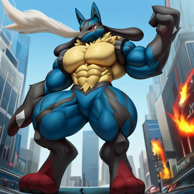 (masterpiece. official art. 8k. best quality. detailed full body. full body.)

(situation 1 : dominating mega_lucario. mega_lucario is over 1000 meters long. focus GIANT mechanical Muscular mega_lucario is trampling the city. Looking down. macro. stomp. Low-angle perspective. emphasizing the immense size.)

(situation 2 :smoke and flames rising from the destruction in the city)

(Additional details 1: (Detailed head. Detailed Body. Detailed abs. gigantic muscles. HYPER MUSCLES. Gigachad Muscular. big muscle. pecs. triceps. traps. unusually developed muscular body. body full of huge muscles. showing off muscles. pectorales enormes. Exaggeratedly huge muscles. huge muscles. long legs.). (Mega Lucario, Mega_Lucario, MegaLucario)
