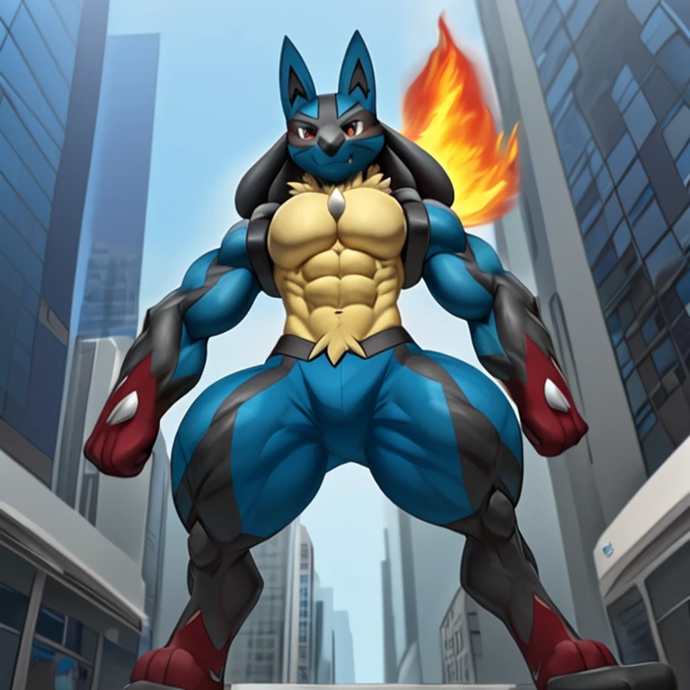 (masterpiece. official art. 8k. best quality. detailed full body. full body.)

(situation 1 : dominating mega_lucario. mega_lucario is over 1000 meters long. focus GIANT mechanical Muscular mega_lucario is trampling the city. Looking down. macro. stomp. Low-angle perspective. emphasizing the immense size.)

(situation 2 :smoke and flames rising from the destruction in the city)

(Additional details 1: (Detailed head. Detailed Body. Detailed abs. gigantic muscles. HYPER MUSCLES. Gigachad Muscular. big muscle. pecs. triceps. traps. unusually developed muscular body. body full of huge muscles. showing off muscles. pectorales enormes. Exaggeratedly huge muscles. huge muscles. long legs.). (Mega Lucario, Mega_Lucario, MegaLucario)
