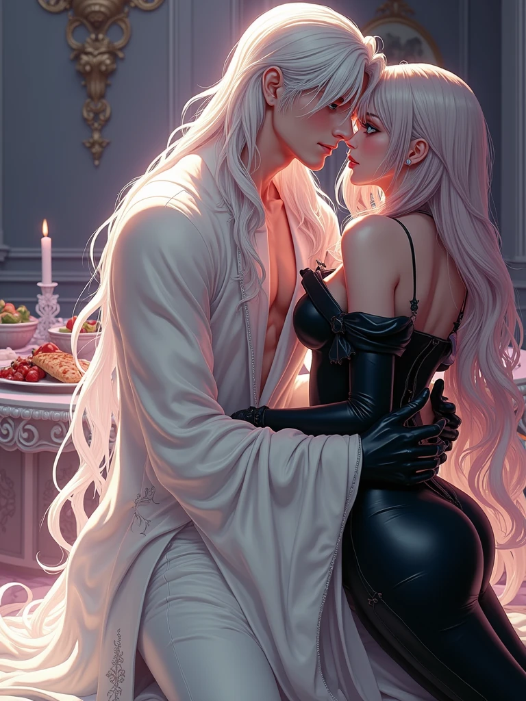 Couple, light-skinned woman with long wavy white hair and tall dark-skinned boy kissing