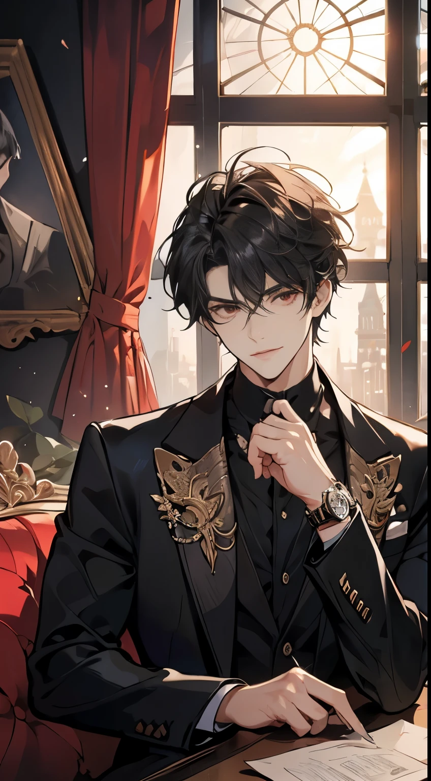 A handsome man sitting on a luxurious sofa in a luxurious living room, short black hair, forehead hair, red eyes, palace, unbuttoning his shirt, burly, perfect body, holding paper with one hand, wrist watch, moonlight outside the window, dark, villain atmosphere, cold, serious, fantasy, do not look at viewer, alone, , messy hair, medium large shoot, sweat, upper body, evening