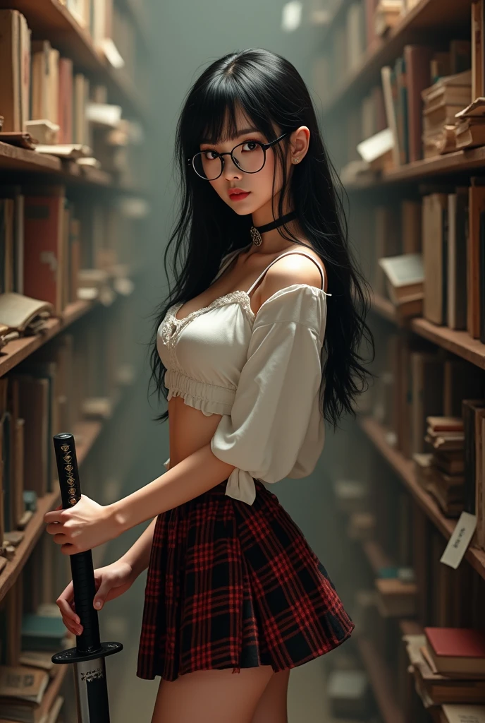 beautiful sexy asian girl, cleavage, black lingerie, young gravure idol, shy, pink lips, teacher, glasses, holding book