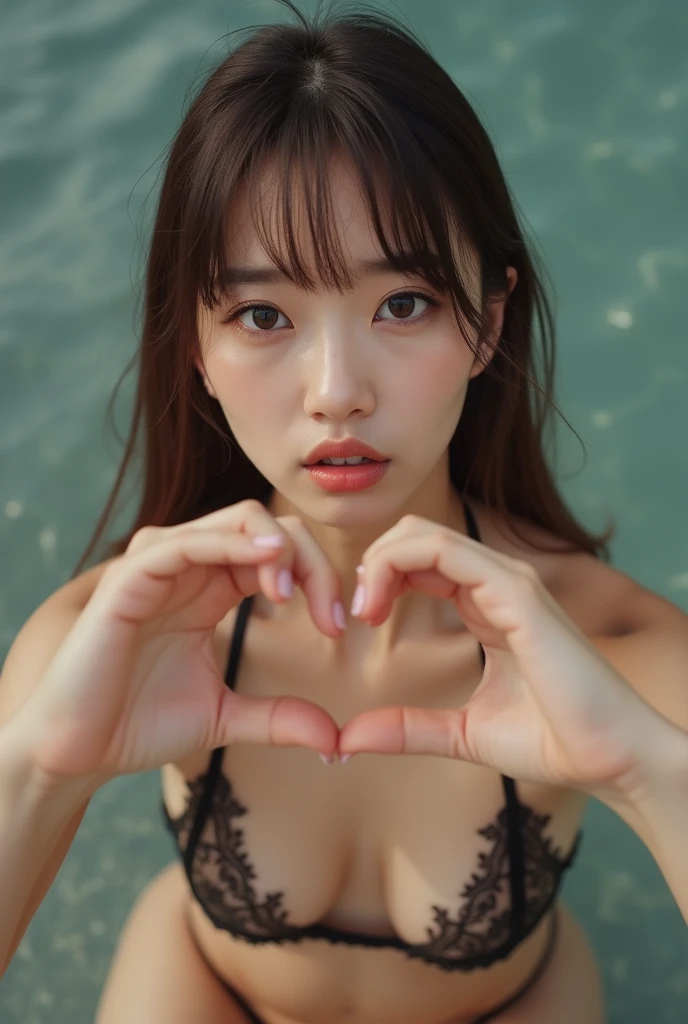 triangle-bikini,(open mouth:1.5),(tongue out:2),Kneeling,handjob,choker,front view,face focus,from above(1girl,Beautiful 14 year old girl,teenager),((Slender,Small breasts,Small face,)),(looking at viewer),Black Hair,bangs,Poolside
