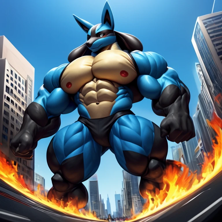 (masterpiece. official art. 8k. best quality. detailed full body. full body.)

(situation 1 : dominating mega_lucario. mega_lucario is over 1000 meters long. focus GIANT mechanical Muscular mega_lucario is trampling the city. Looking down. macro. stomp. Low-angle perspective. emphasizing the immense size.)

(situation 2 :smoke and flames rising from the destruction in the city)

(Additional details 1: (Detailed head. Detailed Body. Detailed abs. gigantic muscles. HYPER MUSCLES. Gigachad Muscular. big muscle. pecs. triceps. traps. unusually developed muscular body. body full of huge muscles. showing off muscles. pectorales enormes. Exaggeratedly huge muscles. huge muscles. long legs.). (Mega Lucario, Mega_Lucario, MegaLucario)
