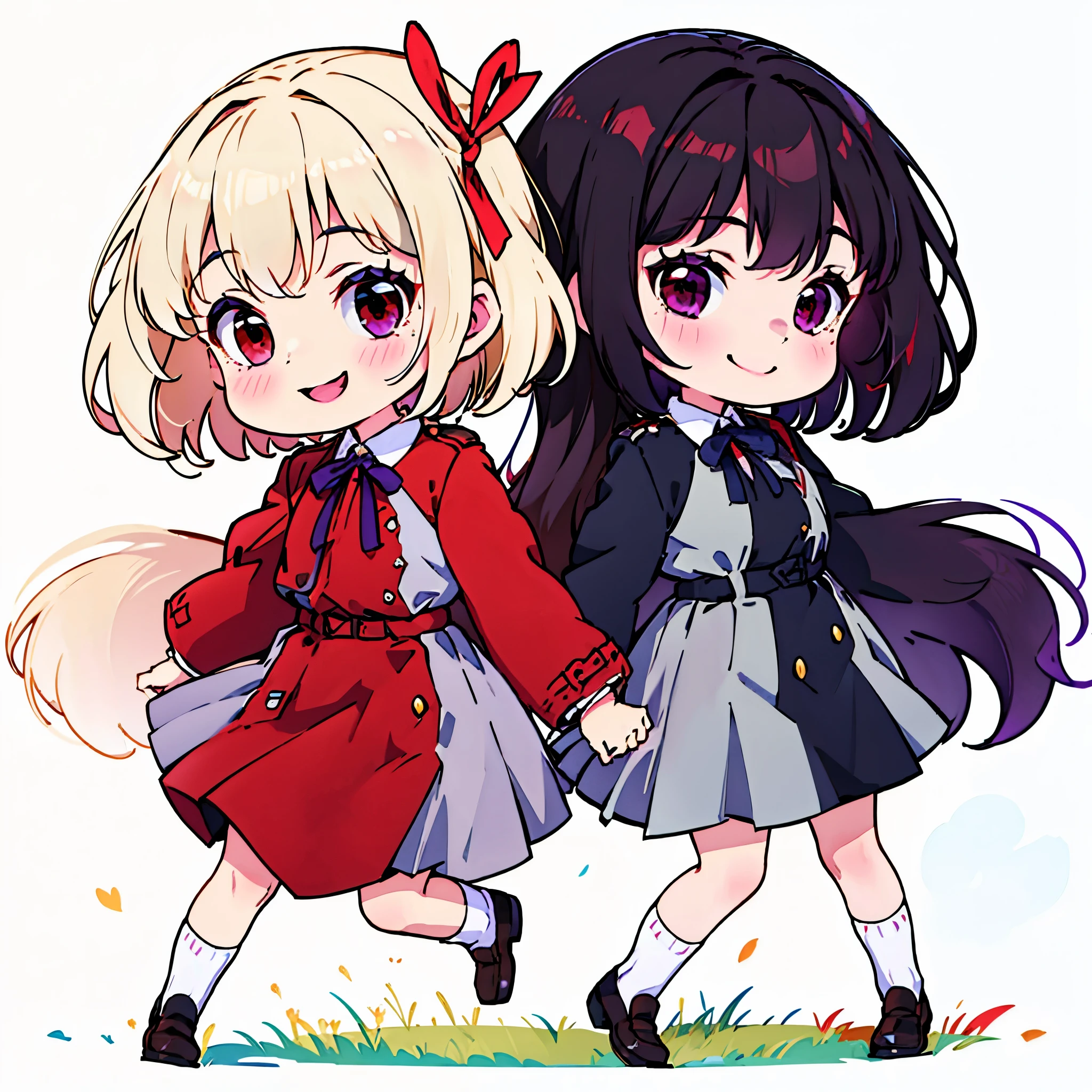 ((masterpiece, best quality, highres)), depth of field,
BREAK, ((chibi)), chibi style, (2girls:1.3), BREAK, (lyln, inoue_takina, ((purple eyes)), (black_hair, long_hair, black_jacket)), (((black socks, blown loafer))), BREAK, (lyqs, nishikigi_chisato, ((red eyes,)) (blonde_hair, short_hair, red_ribbon)), (((black socks, blown loafer))), (standing back-to-back), ((full body shot)), smile,
BREAK, (white background:1.5)