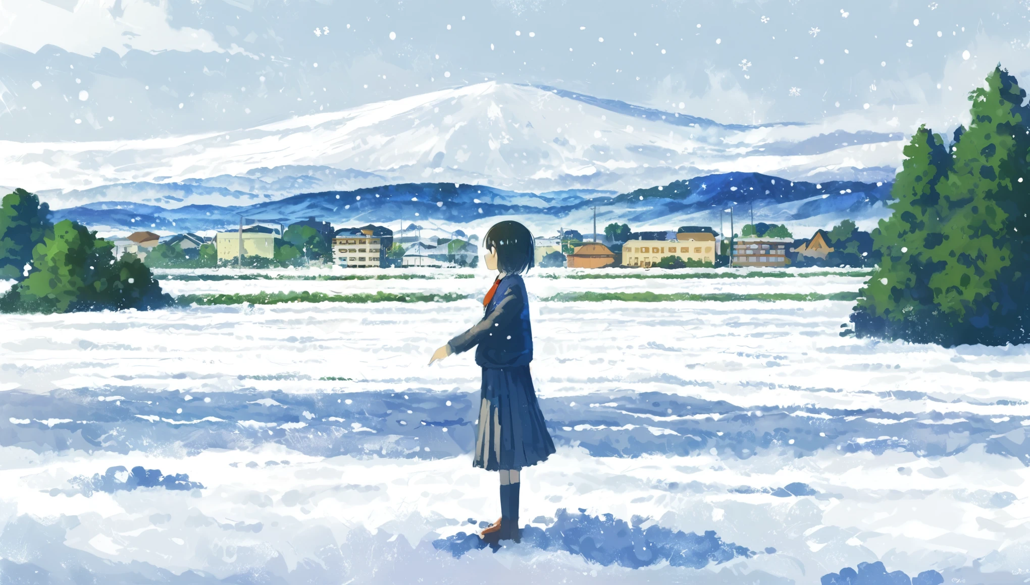 score_9, score_8_up, score_7_up, score_6_up, score_5_up, one girl standing in a large field of snow, city in distance, snowing, somber, amazing art, masterpiece, best quality, by makoto shinkai, 