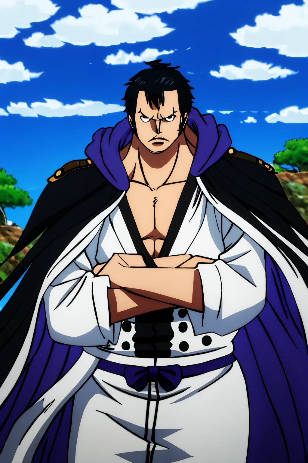 A man with short black hair, proportional body, full-body shot, in a cool fighting pose, wearing an awhite admiral marine cloak, looking badass.