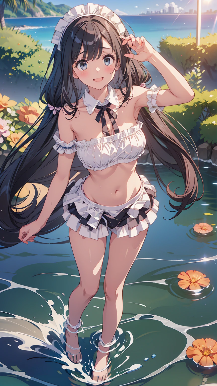 (High resolution, accurate, Best Quality, Anatomically correct, masterpiece), 1 girl, panoramic view, full body standing on the shore of the waves, Cute Style, ((droopy eyes)), black long hair, twin tail, wearing a maid bikini, medium breast, water, splashing water, drops of water, flowing hair, day, rays of the sun, looks at the viewer, smile, blush, wet body, dynamic angle, vivid color,  lens flare, distortion, bokeh