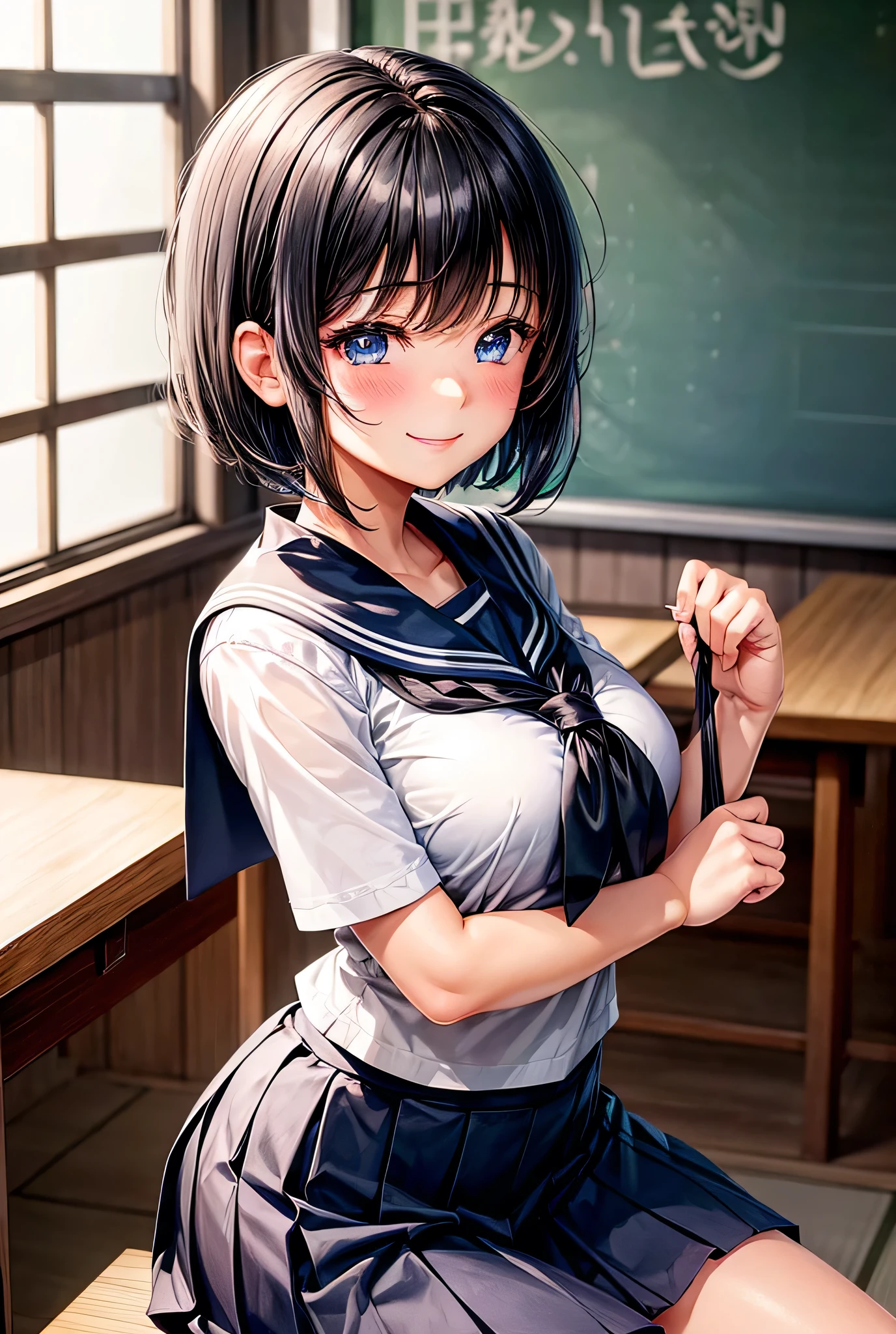 NSFW、(Short sleeve white sailor uniform:1.3)、(Dark blue micro mini skirt dark blue:1.2)、(White string panties:1.2)、Dark blue micro mini skirt dark blue、Mature Woman、Toned body、Big Breasts、(tall、daddy longlegs、175cm)、(quality))、((masterpiece))、(これはclassroomでセーラー服を着たセクシーな女子高生のクローズアップショットです:1.4)、(solo:1.4)、(One girl:1.4)、(Very short black hair:1.3)、(Light blue eyes:1.2)、(belly button:1.1)、(Navy collar、Yellow tie)、Dark blue micro mini skirt dark blue、Recommended results、Plump nipples、Stand up straight、Abdominal muscles、Huge bust、Angle to floor:1.2、Low camera angle、School、classroom