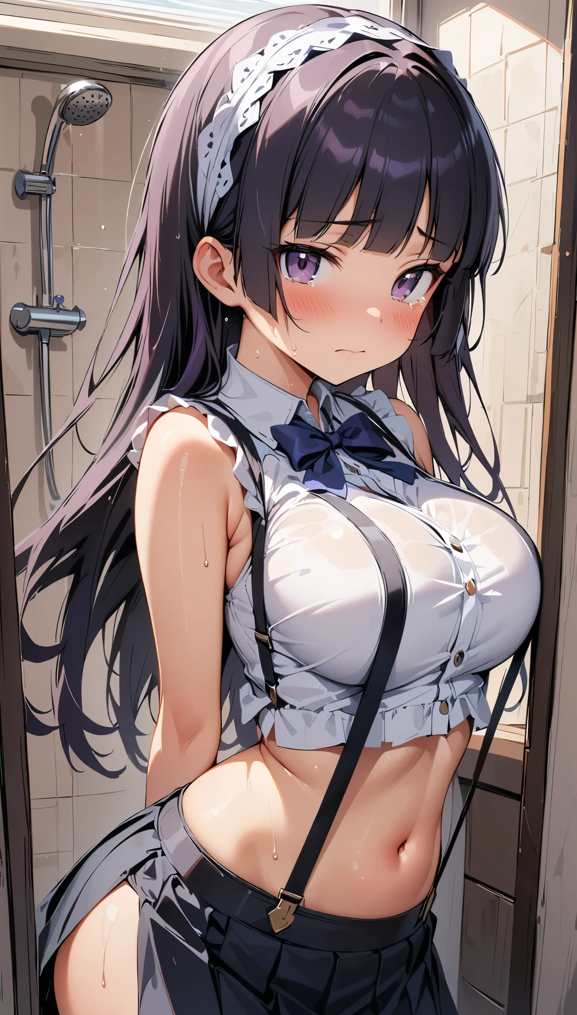 (curvy, large breasts, (tented costume)), (sleeveless white crop top, crop top navel, black pleated miniskirt), ((suspenders)), (1girl, gokou ruri, ore no imouto ga konna ni kawaii wake ga nai), beautiful detailed eyes, purple eyes,(cute eyes), black thigh highs, arms behind back, (Carving Waistline), Shower room, (cowboy shot, from left side), Best Quality, Super detailed, masterpiece, Ultra-high resolution, 8k, Embarrassing, blush, Nice, (With tears in my eyes), closed mouth, sweat, (from left side), (from left side)