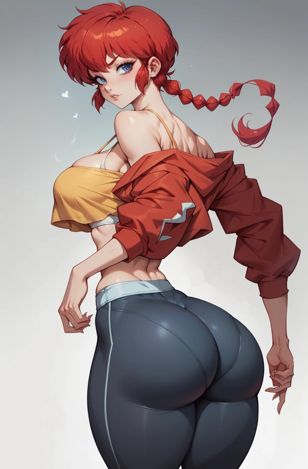 Ranma Chan, redhead, a woman , long and smooth red tone hair, bright and expressive blue eyes, she opted for worn adjusted yoga pants, a tight micro top, large breast, nsfw, big ass, thick thighs, wide hips, from behind