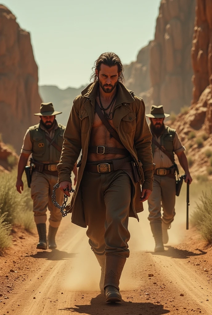A young handsome man standing in the desert with many horses running behind him