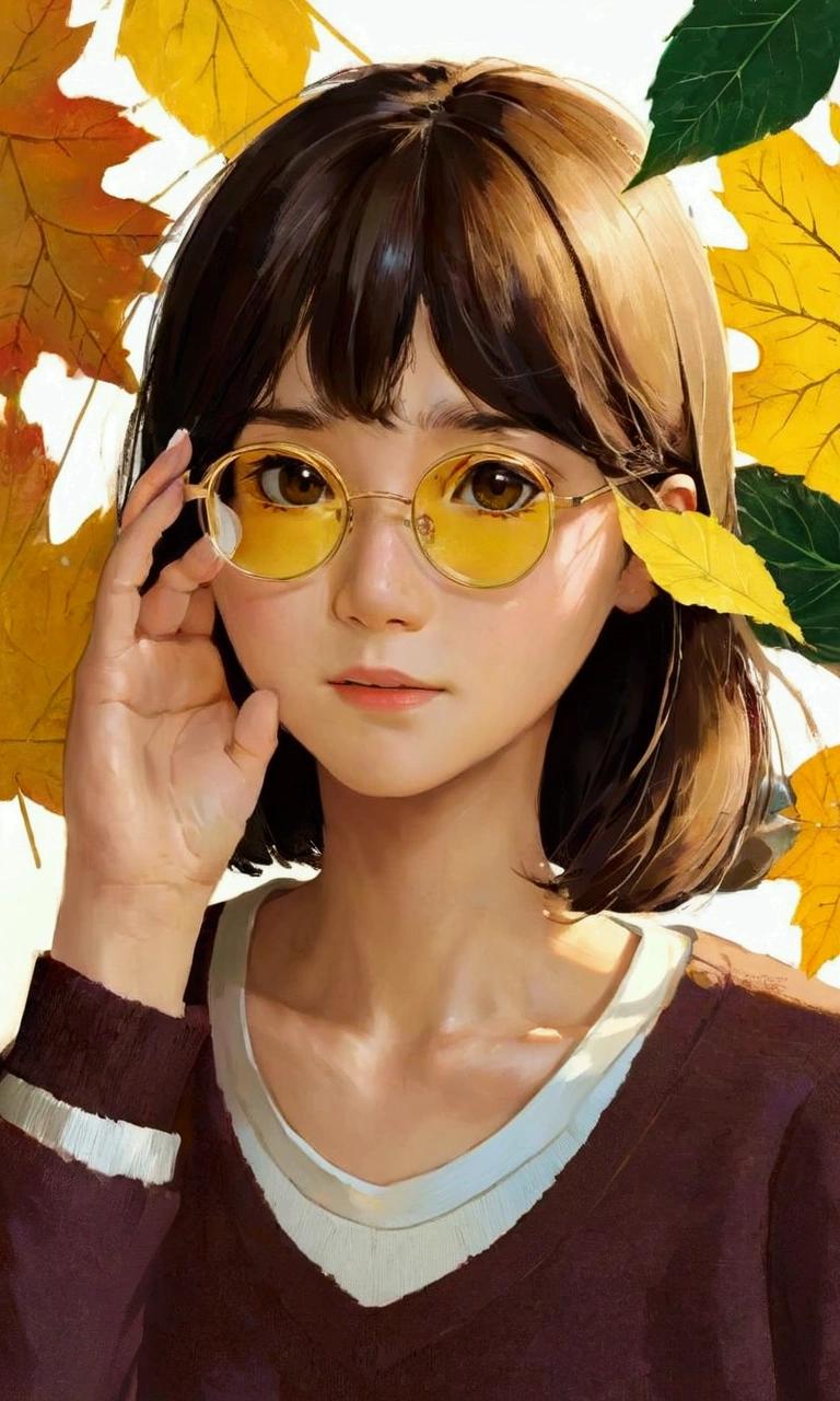 score_9, score_8_up, score_7_up, score_6_up, score_5_up, painting, 1girl, close up, masterpiece, best quality, bokeh, cute, 1girl, solo, beret, hair clip, beige hair, round eyewear, brown jacket, turtleneck sweater, upper body, looking at viewer, yellow eyes, closed mouth, leaf, detailed background, plant, use of color theory, amazing art, masterpiece, best quality, high detail, style of makoto shinkai, by makoto shinkai, by Makoto Shinkai, trending on art-station, trending on art, 4K resolution, perfect lighting, perfect colors, perfect perspective, balanced composition,High quality, cinematic, dramatic, vibrant colors, dynamic, intricate, detailed, by makoto shinkai,
