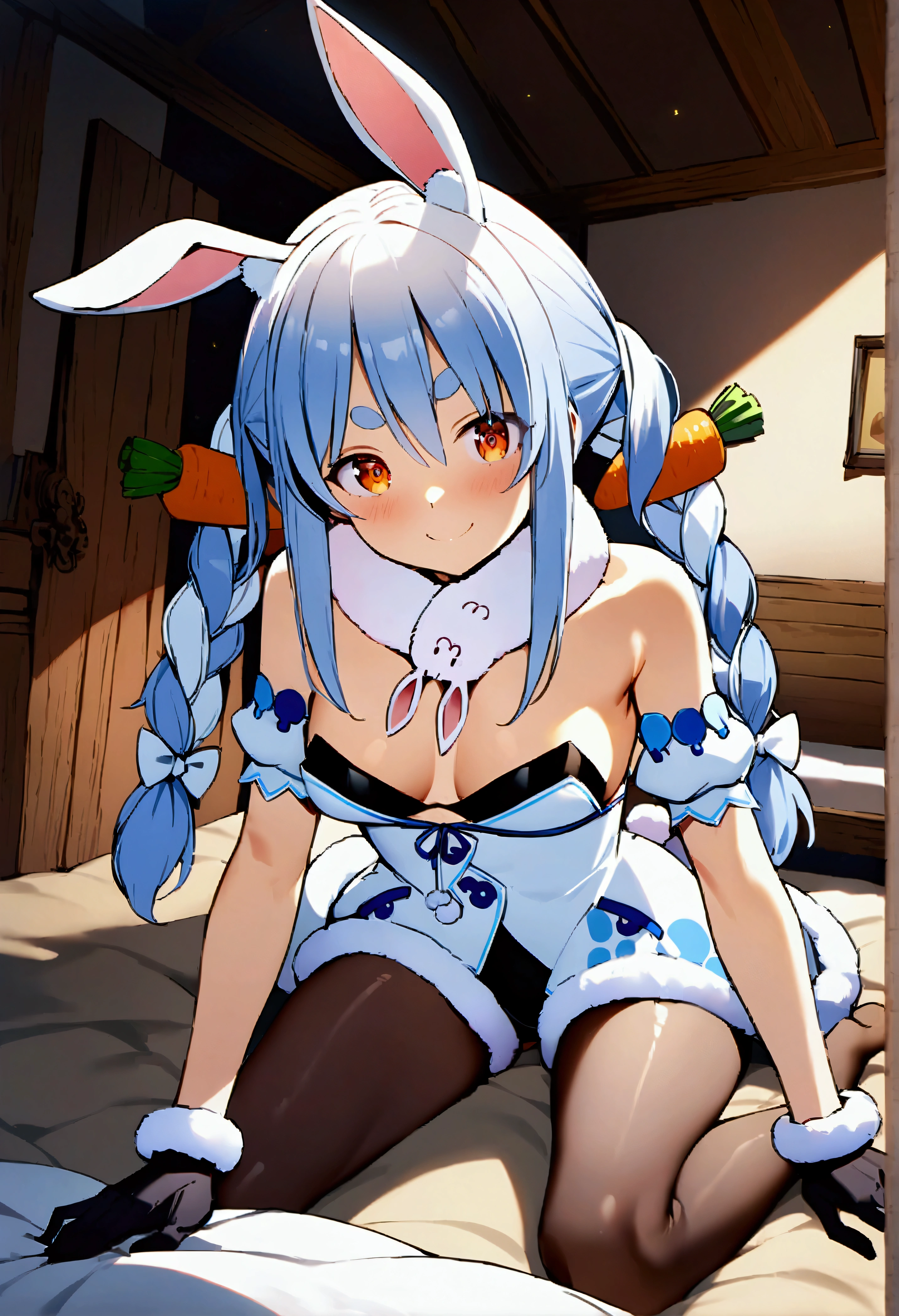 NSFW,masterpiece,Best Quality,High resolution,Very detailed,One girl,,Usada Pekora\(Ho****ve\),Orange eyes、Thick eyebrows、Bunny ears、Two-tone hair、Blue Hair、White Hair、Long Hair、Twin Blade、Hair accessories、Fur collar、White Dress、Fur-trimmed dress、Exposed shoulders、Black leotard、Strapless、Cleavage、Sleeveless、Puffy short sleeves、Black gloves、Black Pantyhose,Western-style room,Bedroom,Girl&#39;s Room,Bad Smile,(Fallen into evil)