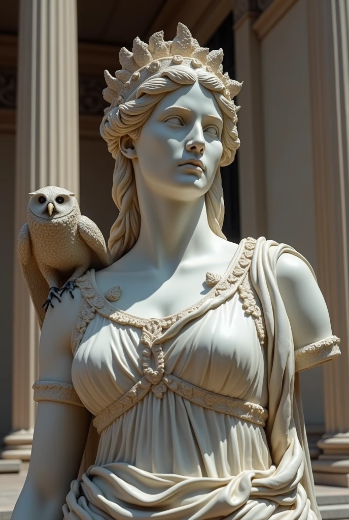 A highly detailed and realistic statue of the Greek goddess Athena, holding a spear in one hand and an owl perched on the other. She wears a traditional warrior's helmet with a crest, finely crafted chest armor, and a pleated tunic with ornate patterns. The statue captures her strong and protective stance, with intricate detailing on her armor and accessories. The statue is encased in an ocean blue epoxy resin, shaped like an egg, and placed on a white desk background, enhancing the elegant display.