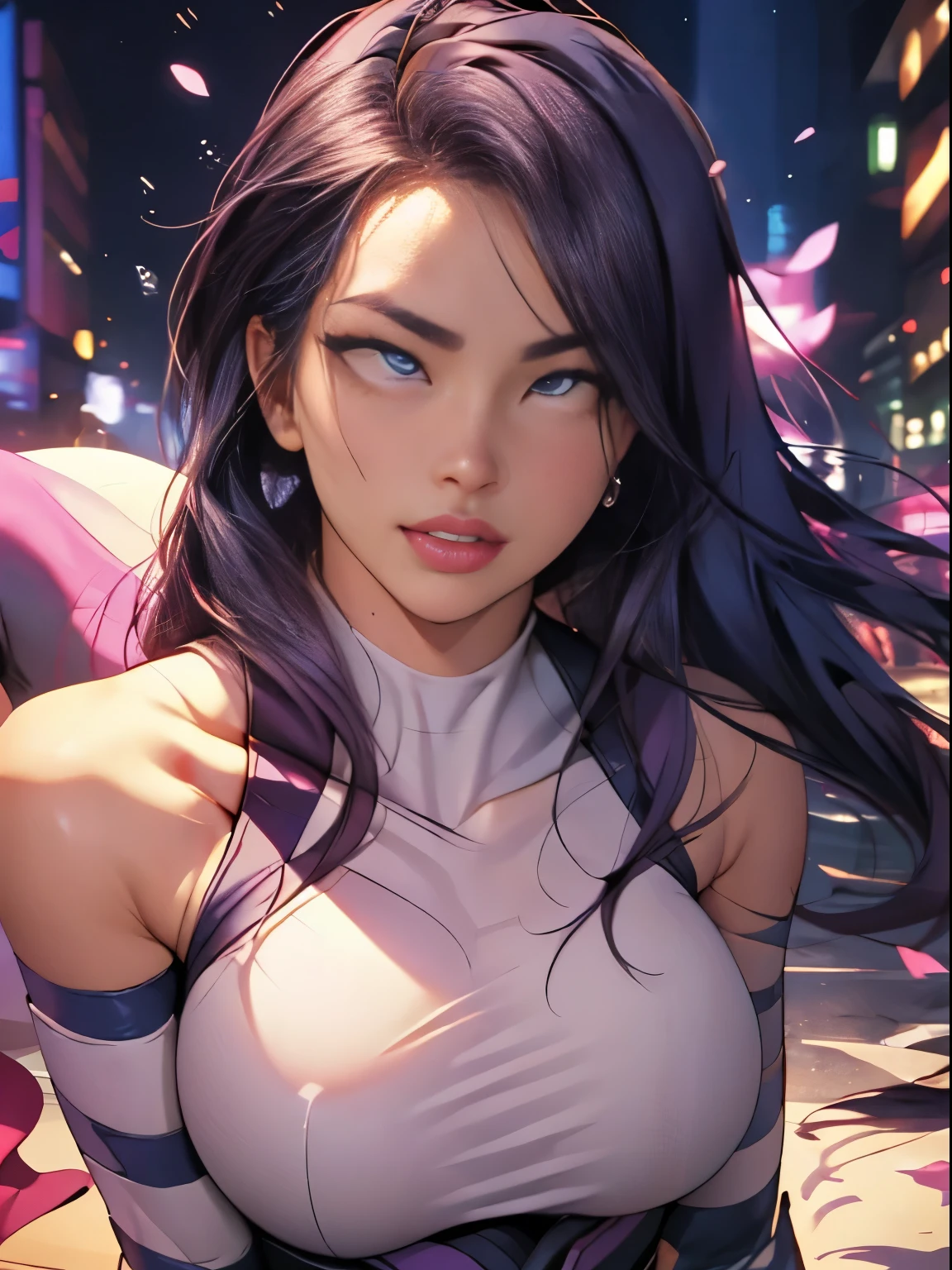 ((SUPERHEROINE PSYLOCKE )) , ((She has long hair)), (She is wearing her uniform), (masterpiece, best quality) 1girl, Alone, (sexy, Pretty woman, Perfect face, perfect eyes), image of 1/2 body , (PSYLOCKE, ahegao, rolling eyes), dynamic pose, superhero battle pose. . ((((action)))), ((movement)), (((motion))), ((dynamic)), background, a city in the night, city lights, blur background.