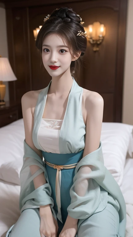 Hanfu-song, Hanfu, Theme song, Bando, Top, (Masterpiece, Best quality:1.4), 1 girl, alone, ((bare shoulders)), ((Whole body)), real, fashion girl, Red lips, Adult woman, beautiful妆容, Big eyes, beautiful eyes, (Best quality, Masterpiece:1.2), Superb details, (real:1.37), ((Sexy beautiful legs)), Slender figure, Tall, slender legs, beautiful, Young and energetic, Super cute model, Big Breasts, Segregation, ((Kneeling position, Kneel down on the bed.)), (exquisite eyes), Smile brightly, สร้างภาพสาวbeautifulที่น่าทึ่ง, Warm tones, Very high color saturation, Official artwork, Extremely detailed 8k CG wallpaper,(High dynamic range :1.4), (movies),(pastel colors, The color looks pale., Relaxing tone :1.3), (Natural texture, ultra-real, soft light, sharp),(Very detailed), correct, 解剖学correct, correct的手, correct的腿