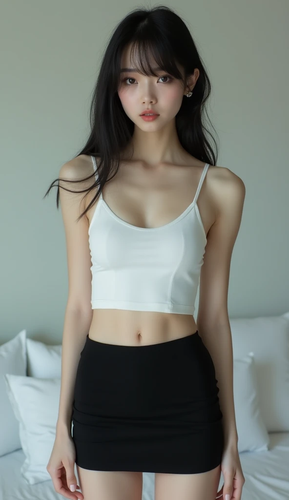A woman in her 20s with both hands on her stomach. Black hair. She looks troubled by her stomachache.