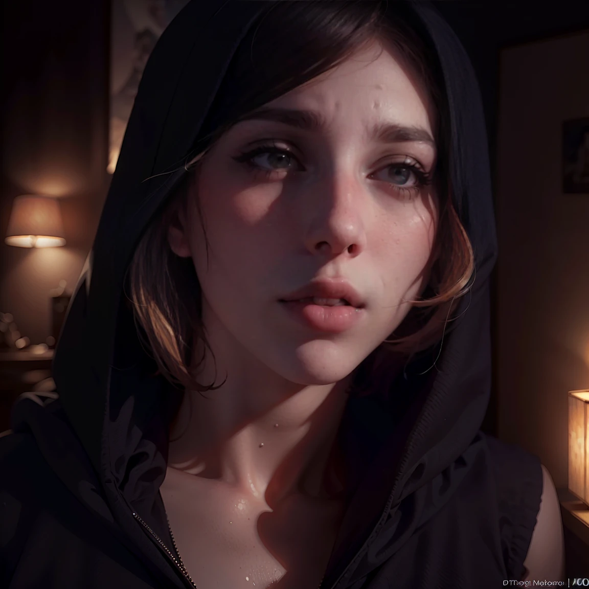 a beautiful young woman with short blonde hair and bangs, huge firm breasts, wearing a black hoodie, (best quality,4k,8k,highres,masterpiece:1.2),ultra-detailed,(realistic,photorealistic,photo-realistic:1.37),hyperrealistic,beautiful detailed eyes,beautiful detailed lips,extremely detailed eyes and face,longeyelashes,natural lighting,cinematic,highly detailed,intricate details,photorealistic skin,soft lighting,warm colors,dramatic lighting,chiaroscuro,oil painting,digital painting