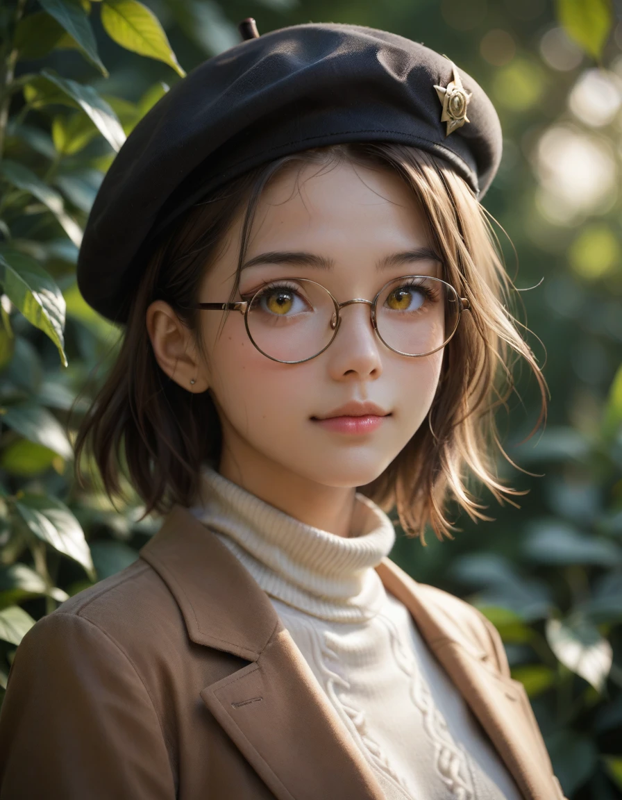 score_9, score_8_up, score_7_up, score_6_up, score_5_up, 3d render, 1girl, close up, masterpiece, best quality, bokeh, cute, 1girl, solo, beret, hair clip, beige hair, round eyewear, brown jacket, turtleneck sweater, upper body, looking at viewer, yellow eyes, closed mouth, leaf, detailed background, plant, use of color theory, amazing art, masterpiece, best quality, high detail, style of makoto shinkai, by makoto shinkai, by Makoto Shinkai, trending on art-station, trending on art, 4K resolution, perfect lighting, perfect colors, perfect perspective, balanced composition,High quality, cinematic, dramatic, vibrant colors, dynamic, intricate, detailed, by makoto shinkai,
