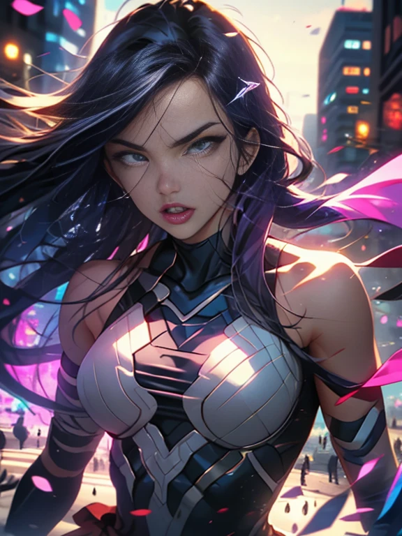 ((SUPERHEROINE PSYLOCKE )) , ((She has long hair)), (She is wearing her uniform), (masterpiece, best quality) 1girl, Alone, (sexy, Pretty woman, Perfect face, perfect eyes), image of 1/2 body , (PSYLOCKE, ahegao, rolling eyes), dynamic pose, superhero battle pose. . ((((action)))), ((movement)), (((motion))), ((dynamic)), background, a city in the night, city lights, blur background.
