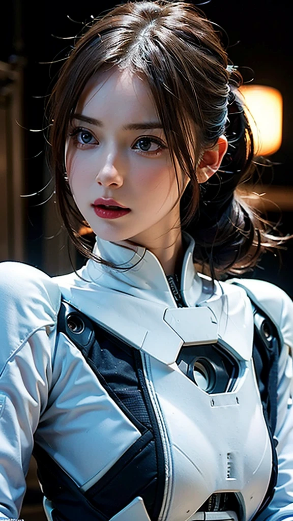 ((Beautiful:1.2)),masterpiece, Best Quality, ((Ultra-realistic:1.2)), Very detailed, 8k resolution, RAW Photos, Sharp focus, (One girl), Alone, Gorgeous face, Perfect body, Mature Woman, Age 25,  Portrait Mecha, White Armor,(( Nanosuit:1.4)), sexy, Disheveled Hair, Cinematic, Cinematic light, 