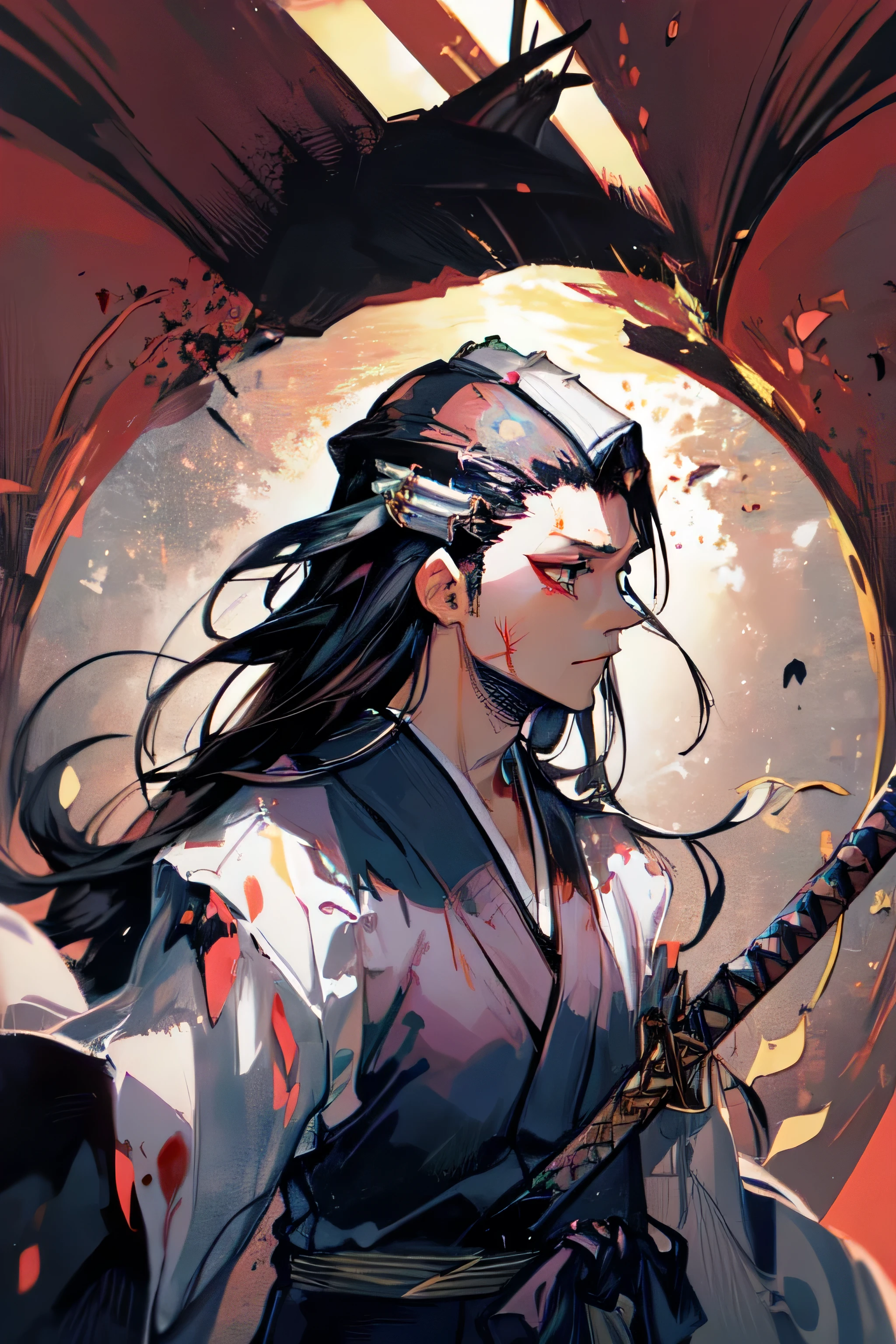  1 person, male, black hair, long hair, bloody background,  red background , wearing haori over yukata, wearing yukata, haori, holding a katana, katana, side view , 