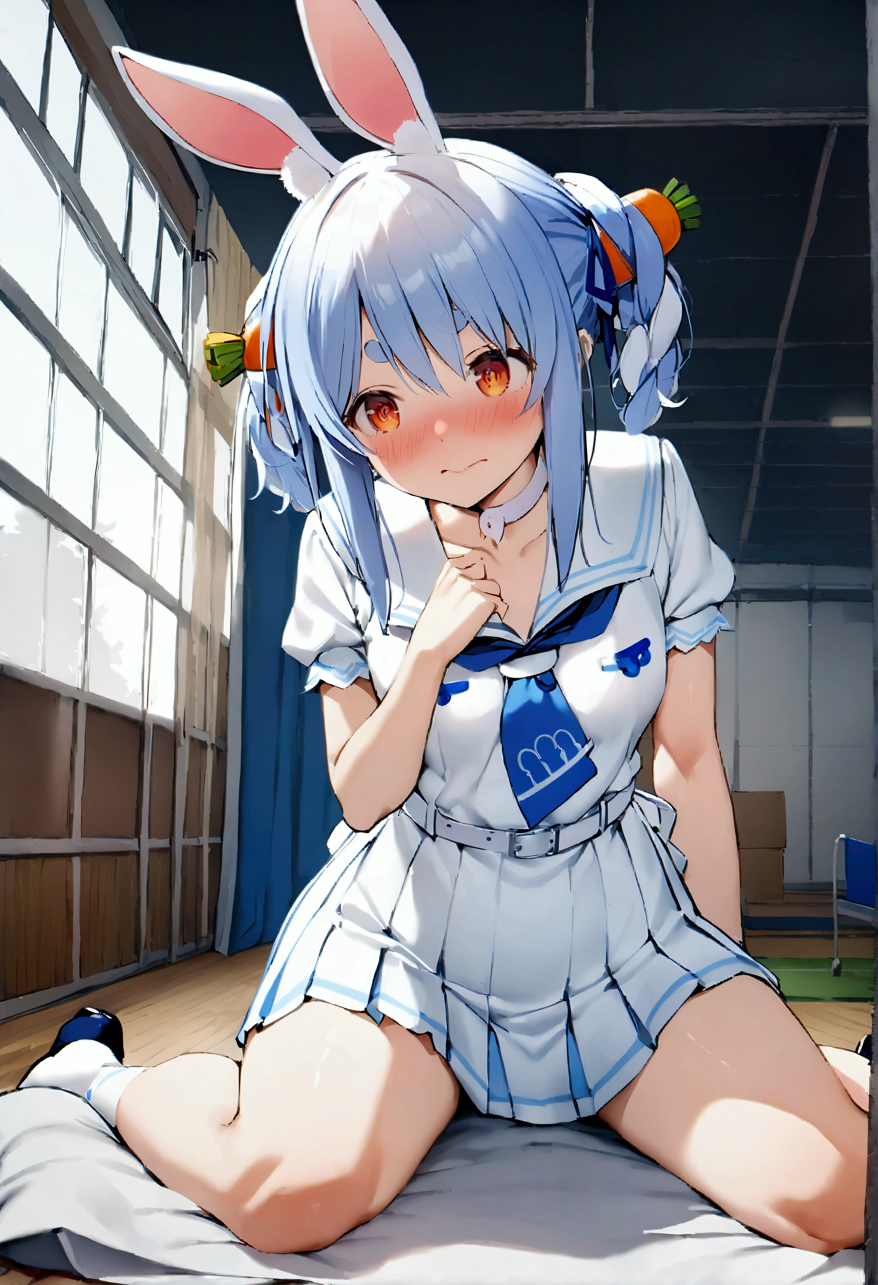 NSFW,masterpiece,Best Quality,High resolution,Very detailed,One girl,Usada Pekora\(Ho****ve\),Orange Eyes、Thick eyebrows、Bunny ears、Blue Hair、Short Hair、Two Side Up、Hair Clip、White choker、Sailor suit、Short dress、Short sleeve、Blue neckerchief、White belt,School,sports warehouse,mat,Small space,I&#39;m nervous,Embarrassed,blush