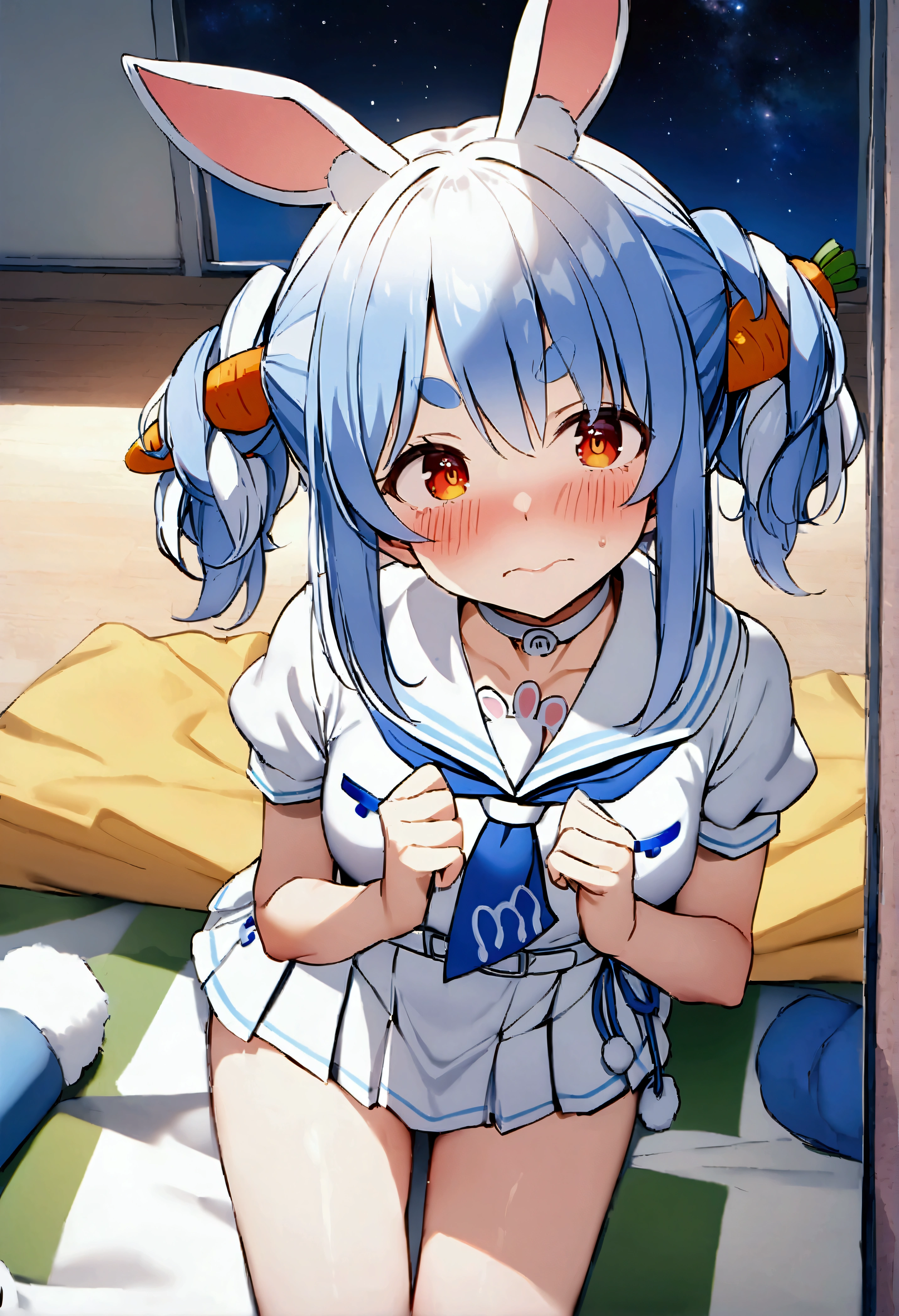 NSFW,masterpiece,Best Quality,High resolution,Very detailed,One girl,Usada Pekora\(Ho****ve\),Orange Eyes、Thick eyebrows、Bunny ears、Blue Hair、Short Hair、Two Side Up、Hair Clip、White choker、Sailor suit、Short dress、Short sleeve、Blue neckerchief、White belt,School,sports warehouse,mat,Small space,I&#39;m nervous,Embarrassed,blush