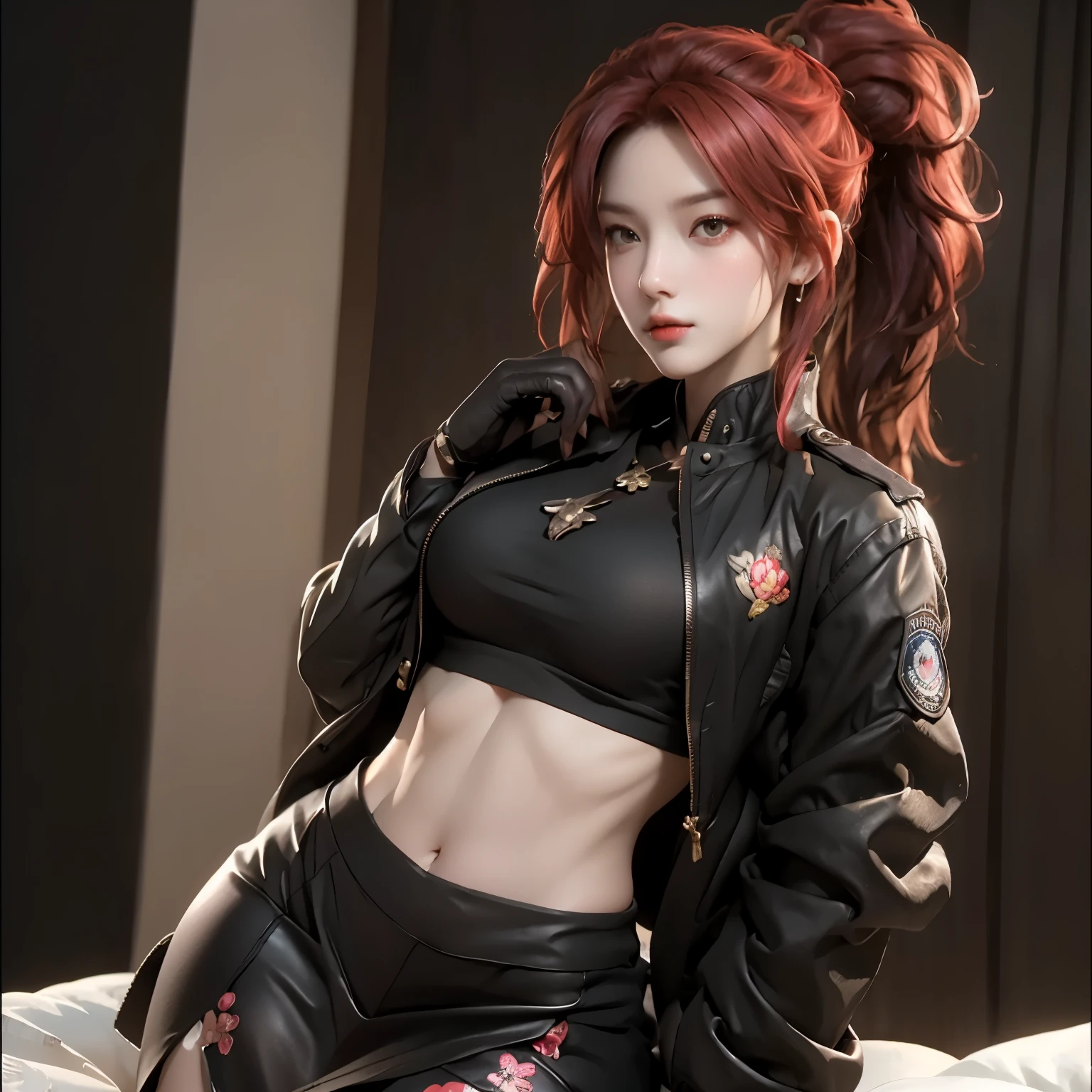(Browsing Caution:0.7), Perfect Style, Beautiful Face, Highly detailed face and skin texture, (Maximum resolution: 1.2), 1 female,Hip Up, jewelry, (((He has many tattoos all over his body)), Streetwear, Play sports often, Red hair, Panties, sneakers, (((Tight waist))), ((Big Breasts)),(See-through)