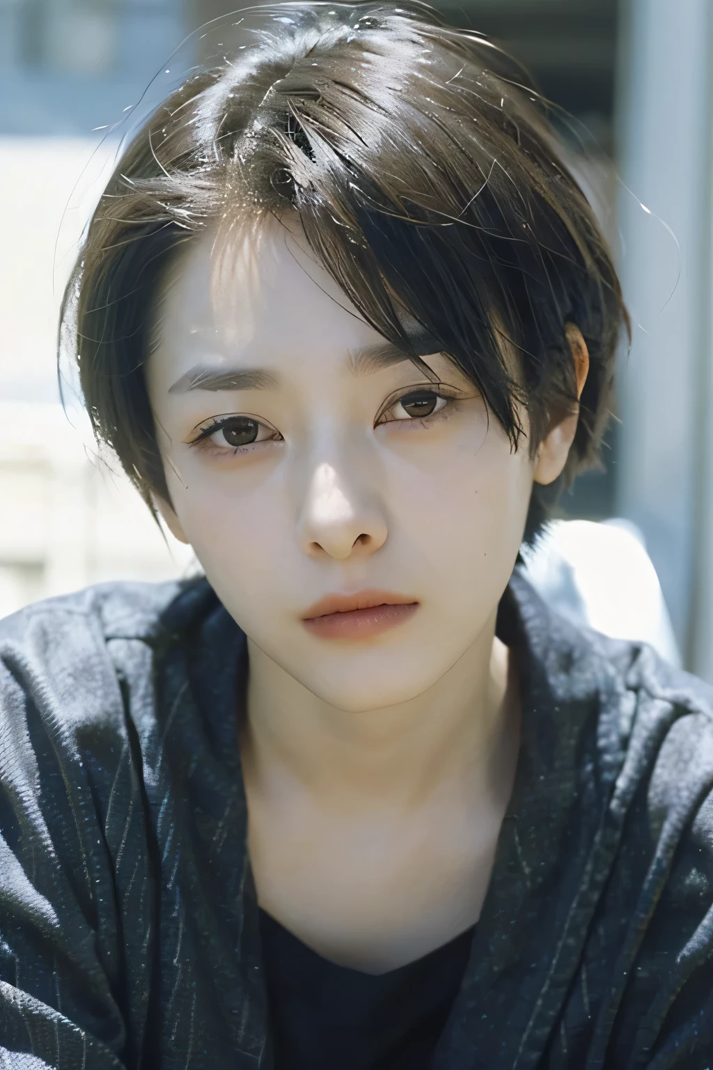 One girl, alone, androgynous、Short Hair、boyish、Droopy eyes、ennui、Fair skin、Sleepy face、Beauty、middle age, Japanese lady、very short hair