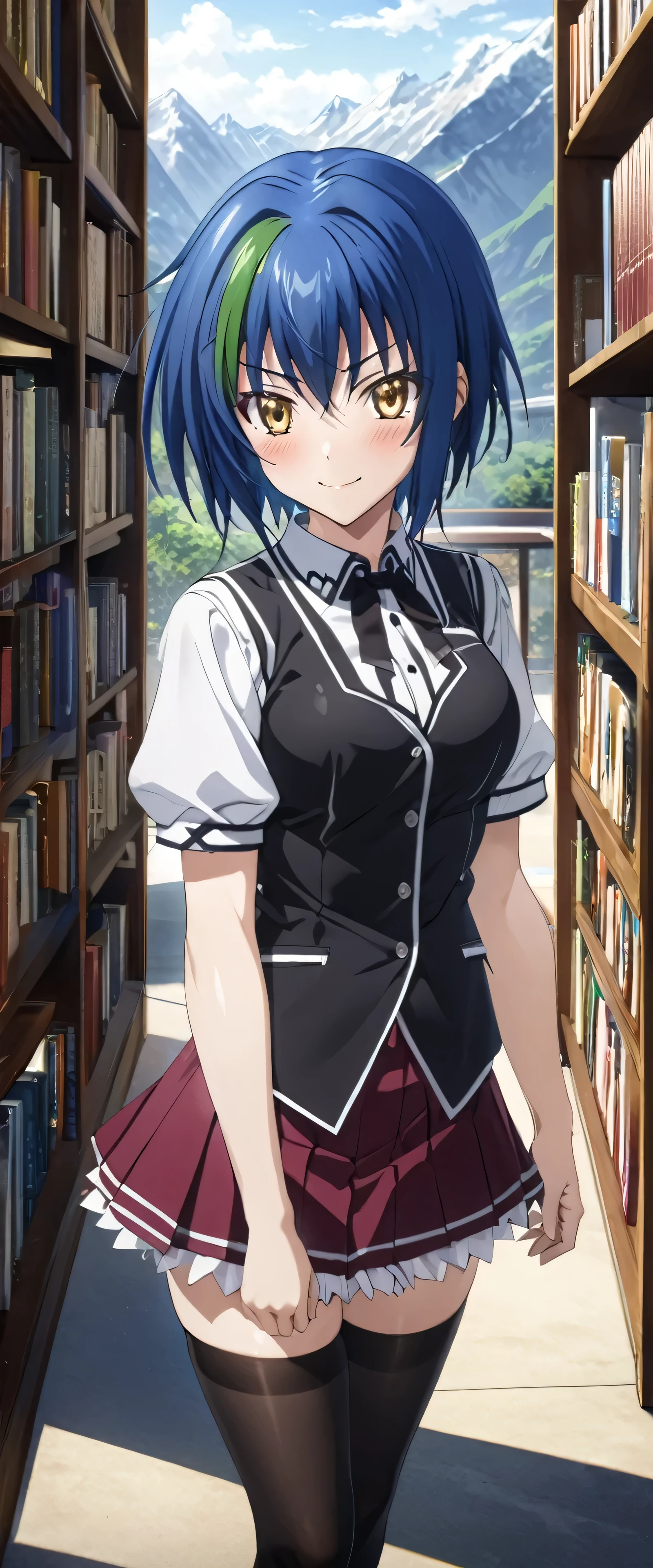 Detailed analysis, Detailed work, Best quality, 1440p clarity, Realistic light and shadow, anime, background, Mountain peak,Masterpiece, Best quality, Very detailed, Maximum resolution, Realistic textures, Anime style, Thick line, background, library, From the High School DxD series, xenovia fourth, Short hair, Blue hair, Green hair highlights, Blushing, Golden eyes, Dark colored eyes with different colors, The chest is of a suitable size, Wear a white school uniform, Maroon mini skirt, Black shoulder cloth, Black tights, Smile softly