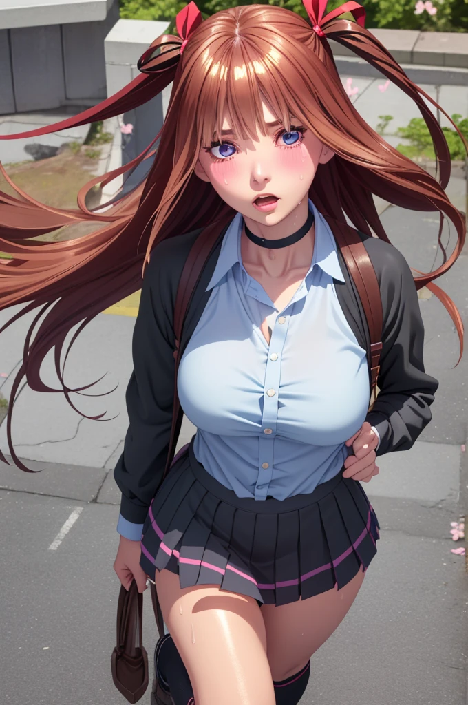 A high school girl is molested from behind by a stranger、Her breasts are grabbed from above her uniform、Groping around the crotch、Ahegao、sexual excitement、Her panties are soaked with bodily fluids、High contrast、Clear light and shadow、 1 female, masterpiece, Best Quality, Best Quality, 16k, Unbelievably absurd, Very detailed, 2.5D, AI-generated, Delicate and dynamic, Very delicate facial expression, Delicate eye depiction, sexy (A cute and kind face)), Healthy body shape, ((2 woman)), Medium firmness and swaying bust,胸の谷間を強調 blush, sweat,Embarrassing,, ((Thin thighs)), , Shiny, , ((Oily_skin)), sweatでべとべとの髪、 Cute and symmetrical face, 輝くskin, Short Twin Tails、:1.5, Waves towards the ends of your hair、blonde、Dark purple hair、、髪の先端にかけて淡Gradient color hair、Brown Hair、blue eyes,Hair Ribbon、Full Body Shot、Natural Light, Dynamic pose, Perfect Anatomy, Toned Legs, Double eyelids, Tear bags, , Moisturized lips,sweatだく、sweatを目立たせて、Embarrassing表情、blush、光るsweat、完璧なskin,sweatが目立つ、Gradient color hair,,Random color sheer see-through Japanese schoolgirl uniform（Embroidered accents on uniforms）、Random color checkered mini skirt、Lakeside、Cherry blossoms in full bloom、Sense of presence,Hair blowing in the wind、Swinging mini skirt、Knee socks,Unbutton up to the second button、胸の谷間のsweatが目立つ、Choker