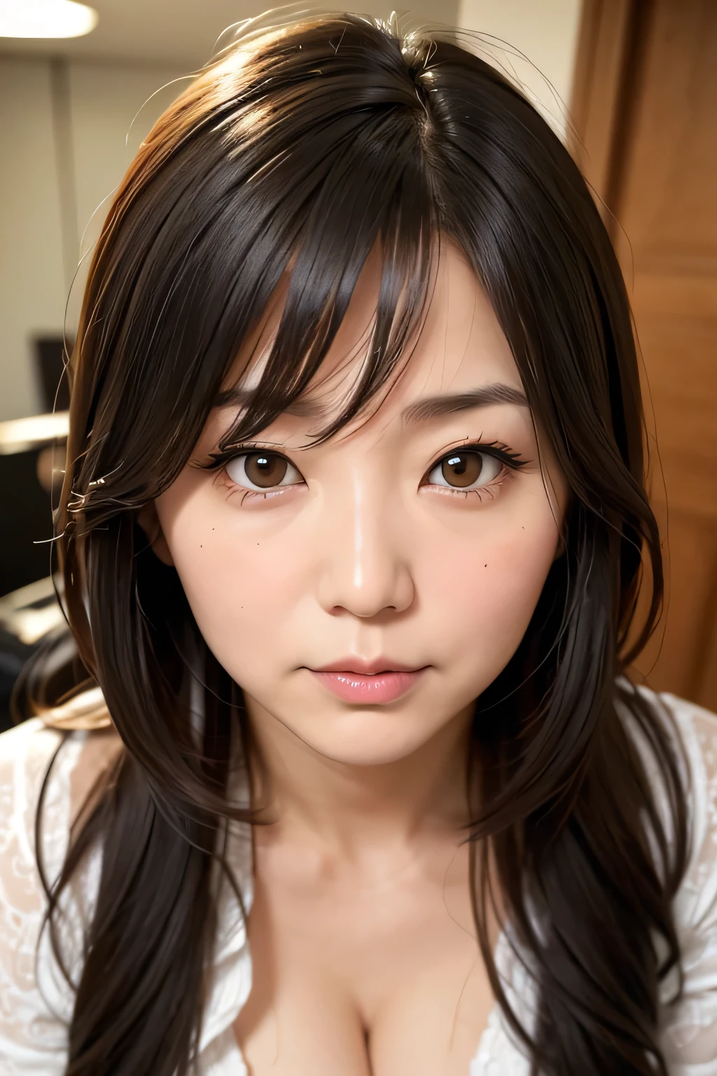 One Japanese person、nude、Japanese women、50 years old、Big Breasts、Sexy and cute JFO medium hair、Brown Hair、Close-up