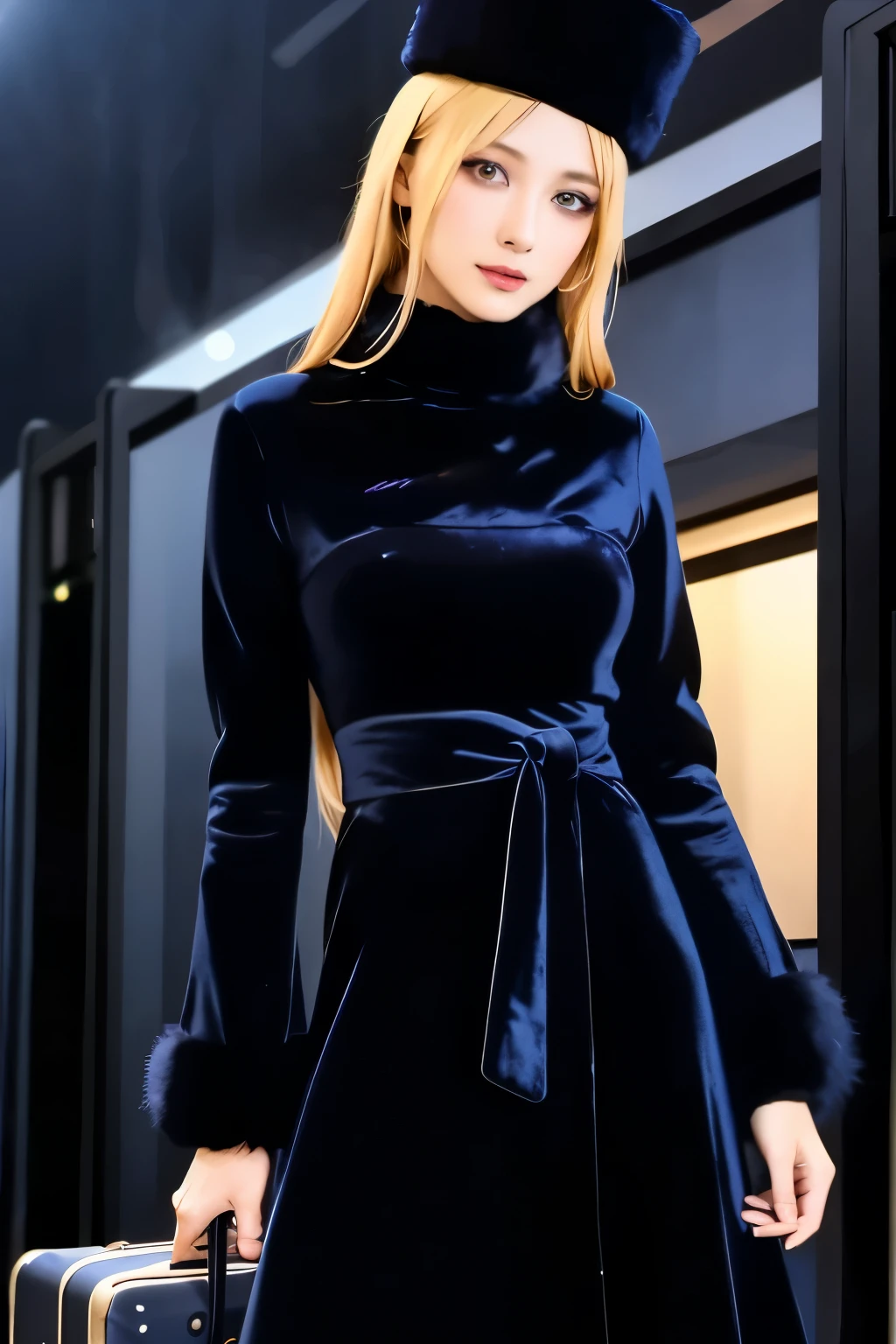 A close up of a woman in a blue dress and hat with a suitcase - SeaArt AI