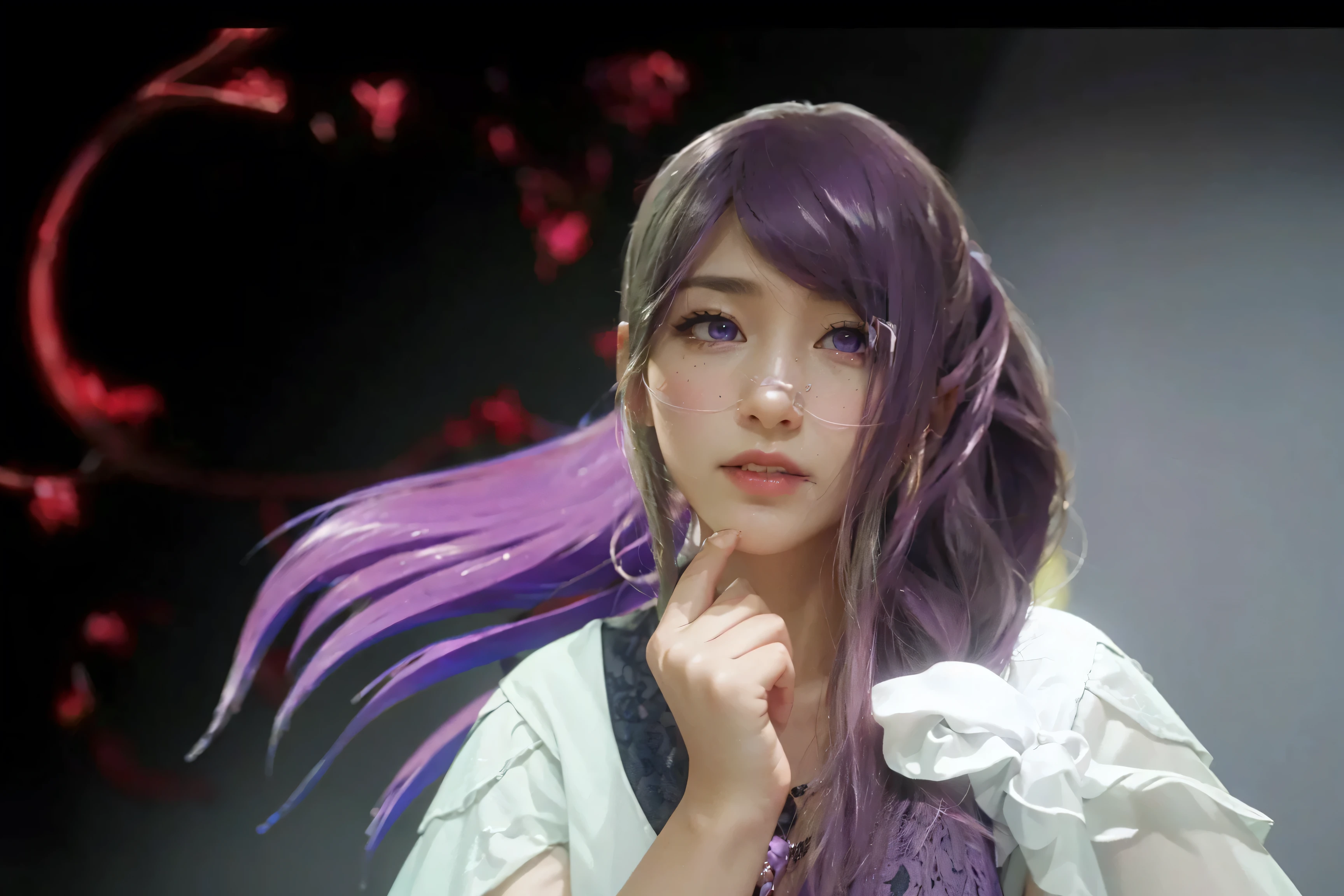 (RIZE KAMISHIRO_TOKYO GHOUL),((realistic, photorealistic)),(highlight hair)), Light reflection, (( HD )),((upper body)), (((best quality, masterpiece))), (masterpiece) (best quality) (detail) (8k) (HDR) (wallpaper) (cinematic lighting) (sharp focuasterpiece, best quality: 1.1), Real life adaption of this character, Asian teen beauty face, Shining Purple eyes, realistic outfit, realistic shadow, realistic light, realism, hyper realistic, realistic background,(photorealistic:1.2), ultra realistic 8k cg, masterpiece, ((ultra detailed background, delicate pattern, intricate detail, highly detailed, fine details best quality, hyperdetailed face)), (photorealistic:1.4),tg_rize,1girl,solo,(detailed eyes and face:1.2),(purple eyes:1.1),Black background, red roses, white roses,Purple loose hair, flying hair,