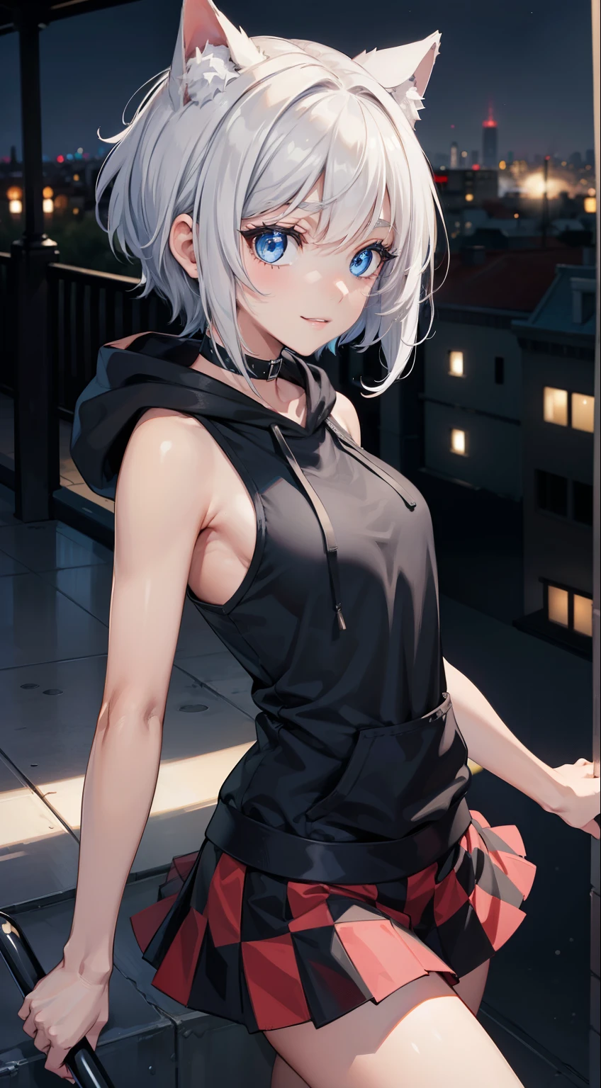 (masterpiece), (best quality), (High quality), high resolution, perfect anatomy BREAK expressive eyes, perfect face, 1girl, grey cat ears: 1.5, medium hair, grey hair, pixie cut, BREAK, (big eyes, perfect eyes), ((blue eyes:1.2)), (glowing eyes:1.2), thick eyelashes, thin eyebrow, BREAK short height, slim bulid, cheerful, smiling, medium breasts, BREAK (black oversize hoodie, sleeveless:1.5, hood off), bare arms, bare hands, bare shoulders BREAK (black and red checkered miniskirt:1.3), black stockings, black boots, choker BREAK cowboy shot, upper body, dynamic pose:1.2, walking BREAK (view from side:1.3), (view from above:1.2) blooming light, city, night