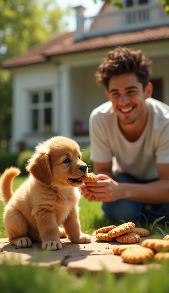 Rahul gently petting the puppy and starting to play with it, both looking joyful.