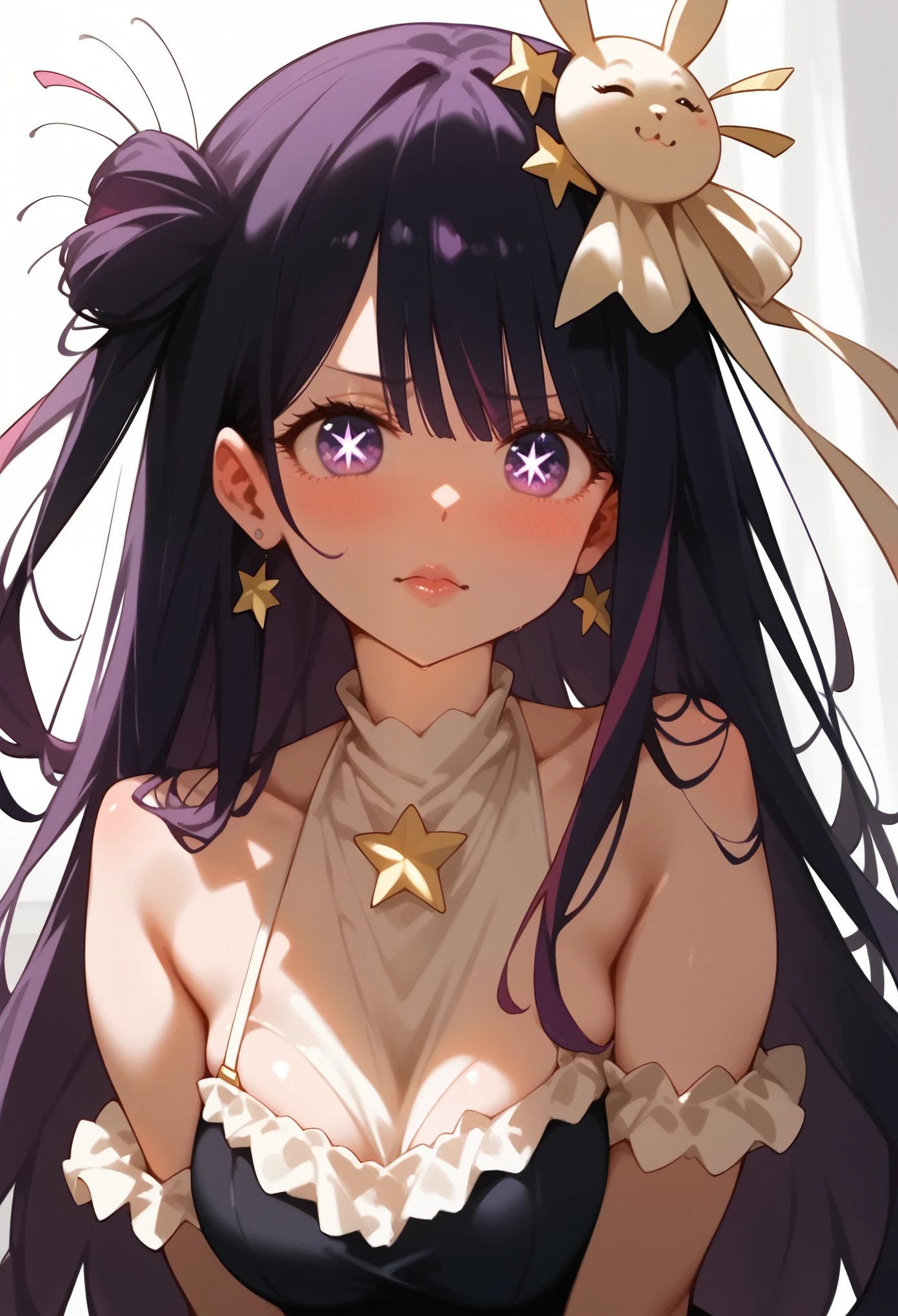 aaaa (quad-a) (I like this one!), score_9, score_8_up, score_7_up, ultra quality, perfect face, perfect fingers, Hoshino Ai, (Oshi no Ko), long hair, purple hair, streaked hair ,purple eyes, star-shaped pupils, hair ornament,, (medium breasts:1.2), (solo), lips, heart, very embarrassed, (dress), standing,