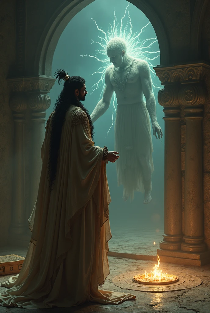 Rishi Speaking** - The rishi calmly speaking to the ghost, with a warm and wise expression.