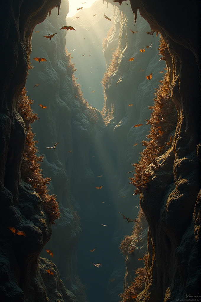 A colony of bats roosting in a cave: Show the large numbers and ...