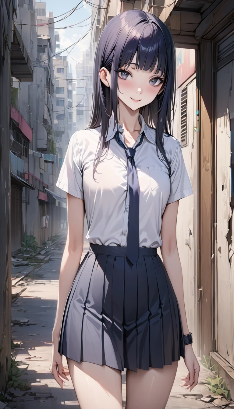 Latina teen, brown skin, beautiful face, small nose , eyelashes, blue eyes, long straight black hair, white school shirt, pink tie, grey medium length skirt, white socks, black fancy shoe, rear view, back view