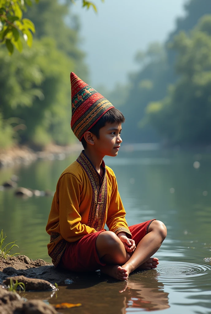 Create an image that the sky is cloudy, there is an ocean below that has many boats, but there is a boy who is very beautiful, he has a tilak on his head and a small Rudraksh rosary in his hand and on some parts of his body there are You wear light saffron clothes on your body.