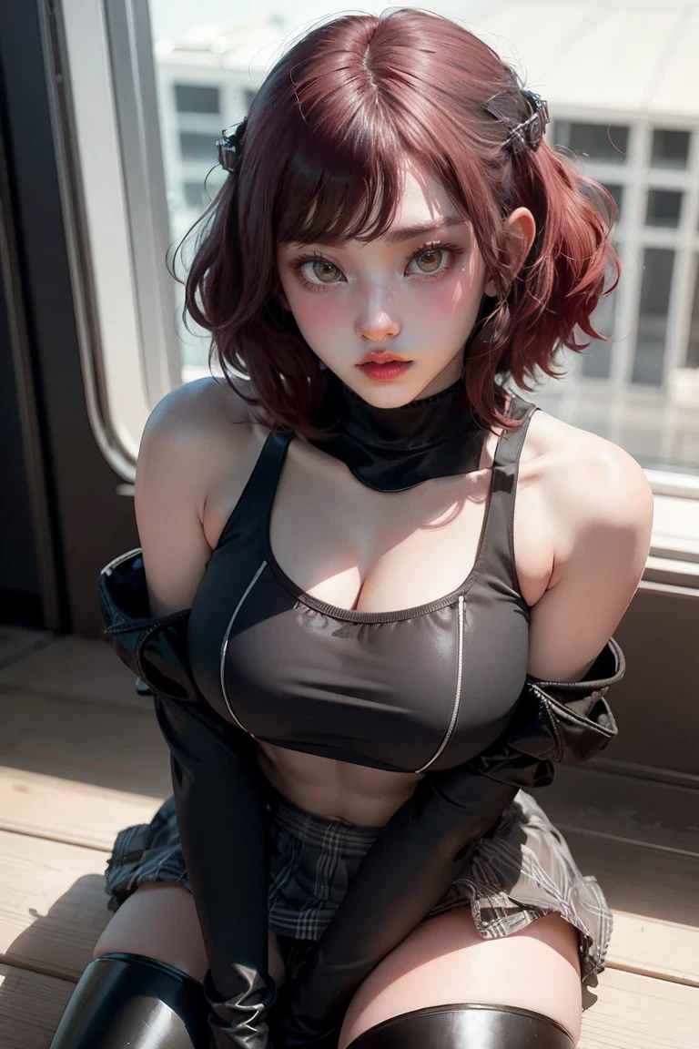 woman, Curly Red Pixie Cut Hair, Green Eyes, Wearing a black crop top shirt, Long black jacket, Red Check Skirt, (Black knee-high boots), Exposed shoulders, (whole body), Big breasts Freckles, Clevis, Abdominal muscles, View your viewers, masterpiece, Best Quality, , Holopunk Style, (NSFW:0.8), Erect nipples