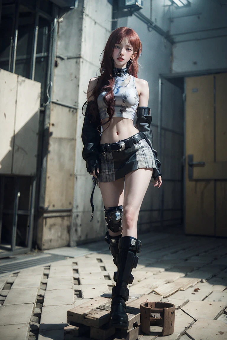 woman, Curly Red Pixie Cut Hair, Green Eyes, Wearing a black crop top shirt, Long black jacket, Red Check Skirt, (Black knee-high boots), Black fingerless gloves, Exposed shoulders, (whole body), Big breasts Freckles, Clevis, Abdominal muscles, View your viewers, masterpiece, Best Quality, , Holopunk Style, (NSFW:0.8), Erect nipples