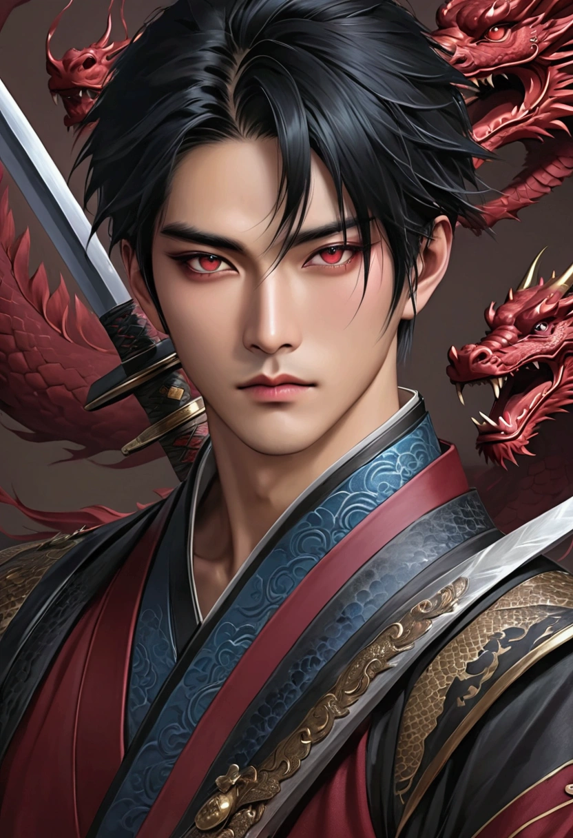 a one guy, with blue and black hair, wine red lather clothes, a sword with a thin blade, Dragon Eyes, black sharp nails, idol face, asian digital realistic art style, male,