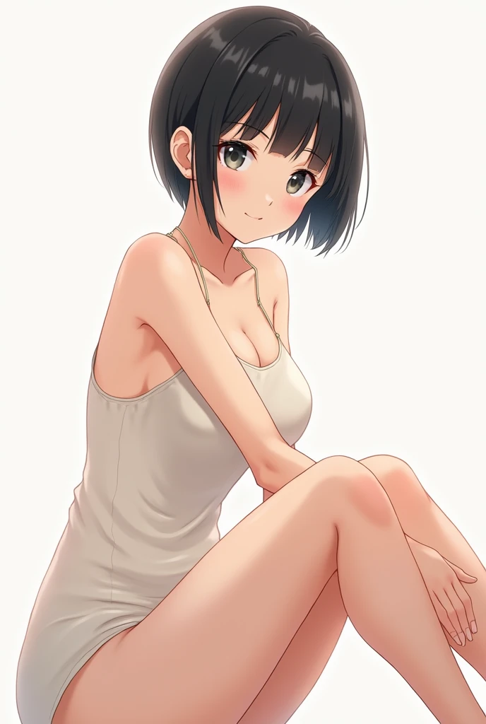 Anime woman with short black hair and brown eyes, she is sitting nude, full body, front view