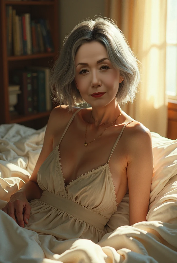 65-year-old woman with long gray hair, seductive gaze, green eyes, some wrinkles on her face, 8k, detailed background, utlra realistic, realism, exta realistic, wrinkles on body, hospital, white nurse suit, sitting on hospital bed, evening time moonshine, SFW, nurse clothes with high neckline, beautiful night full moon outside the window, showing full body, full body, extra small titts, small breasts, looking at viewer from below, light smile, teeth indoors,soft lighting, extreme detail, hdr, short hair, kare
