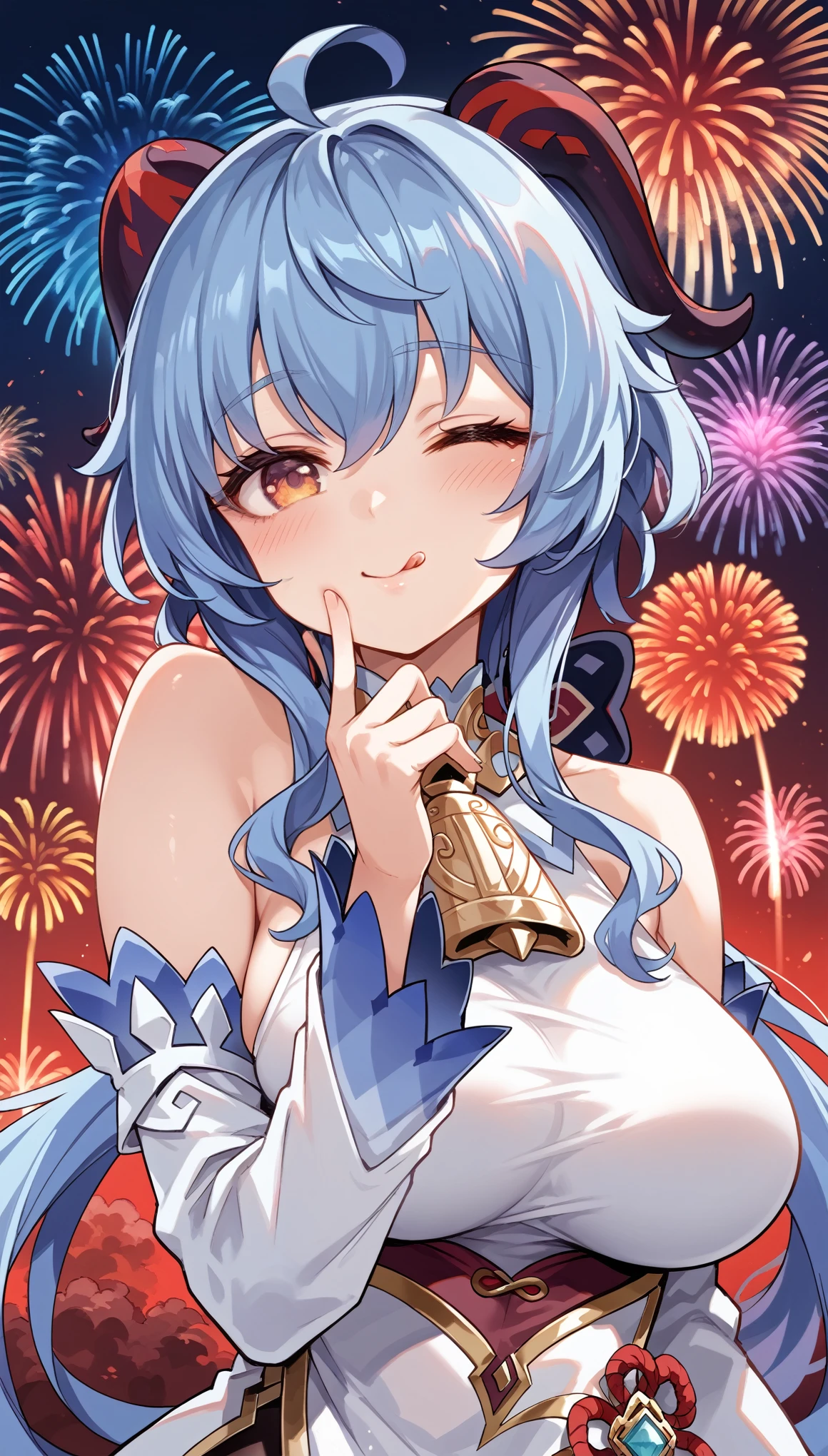 masterpiece，high resolution，Anime Art，Anime Numbers， 4k anime wallpaper，Radiant Skin，Solitary，Original God Ganyu，An anime girl，blush，Cute expression，Tongue out，Hand pinching face，One eye closed，Blue Hair，Red corner，Big breasts，Golden Eyes，Upper body close-up，Fireworks background
